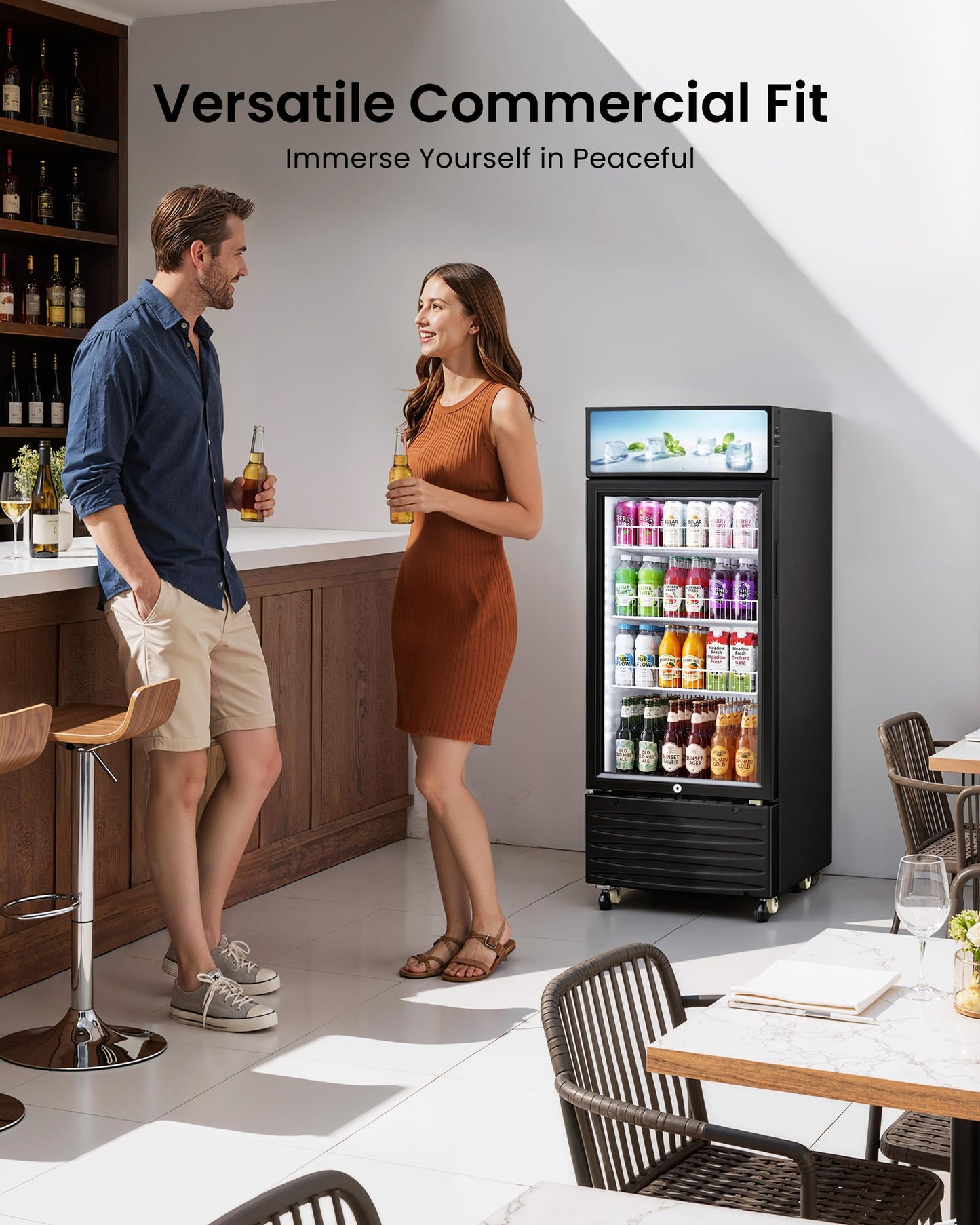 ICEVIVAL Commercial Beverage Refrigerator, 6 cu.ft Glass Door Drink Cooler with LED Lightbox & Lock, 32-50℉ Adjustable Temperature, ETL Certified Display Fridge for Bar, Restaurant & Shop