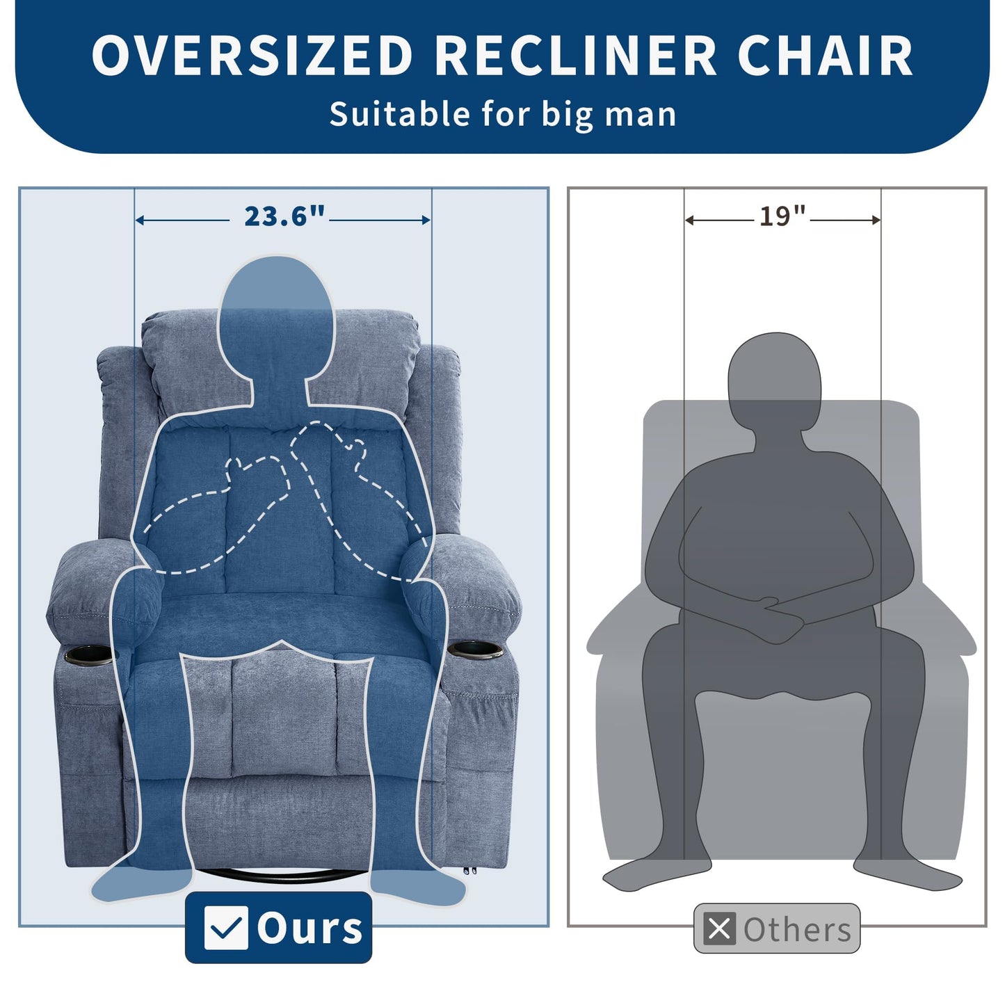 Oversized Swivel Rocker Recliner Chair with Heat & Massage, 3-Position Adjustable Nursery Recliner for Adults, Dual Cup Holders, Side Pockets, USB Charging Ports Blue