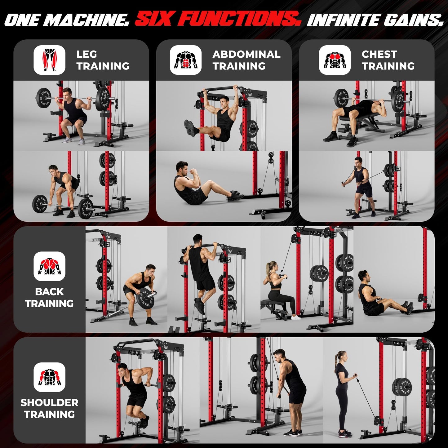 JELENS C21 Power Cage, 2000LBS Multi-Function Power Rack with Independent Dual Pulley System, All-in-One Squat Rack for Cable Crossover, Home Gym Workout Machine (Red, Home Gym Package)