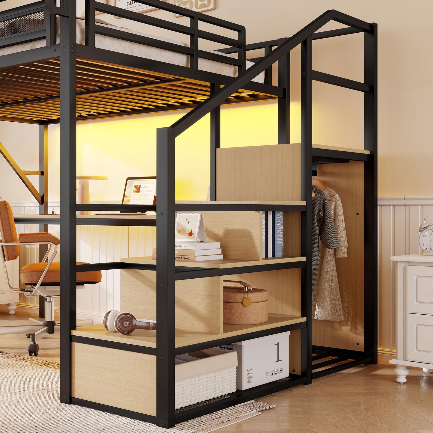 KEIKI Queen Size Metal Loft Bed Frame with Desk, Staircase, Built-in Storage Shelves and Wardrobe, Modern Loft Bed with Solid Slat, Guardrail, No Box Spring Required, Easy Assembly, for Bedroom, Black