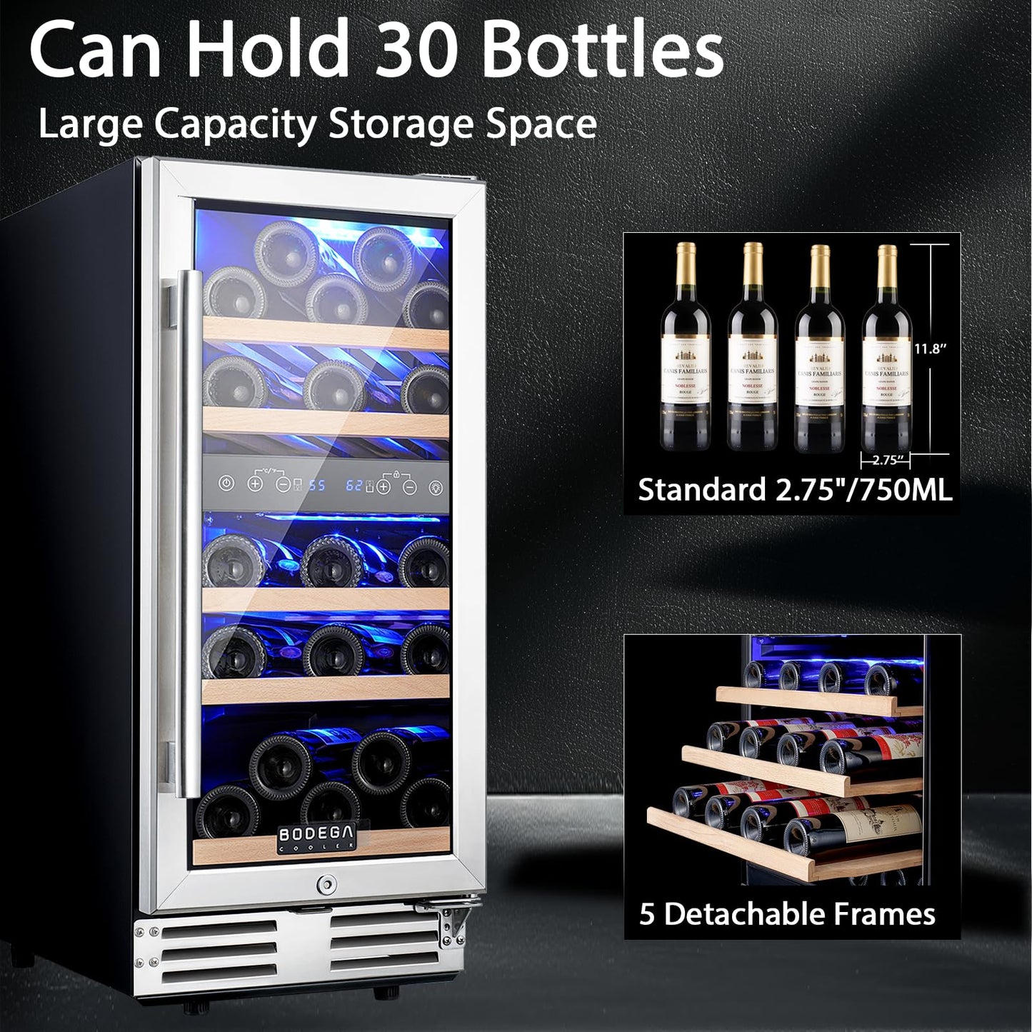 BODEGA 15 Inch Dual Zone Wine Fridge, 30 Bottle, Black 15” Wine Cooler Under Counter For Home and Kitchen, With Double-Layer Glass Door, Wine Refrigerators Free standing with Temperature Control.