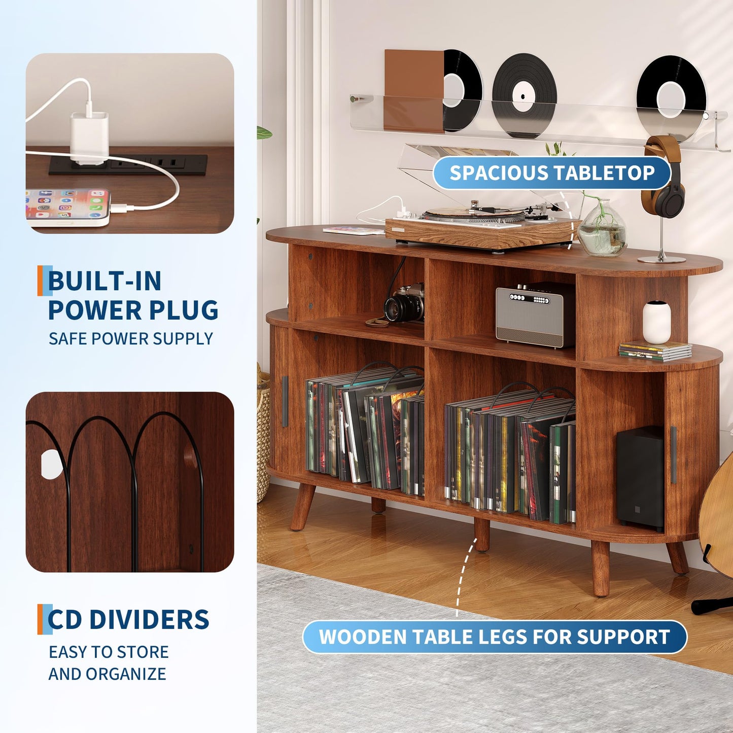 IDEALHOUSE 55" Large Record Player Stand with Vinyl Storage – Round Mid-Century Record Player Table Rustic Turntable Stand with Open Display Shelves, Charging Station, Media Cabinet for Office & Home