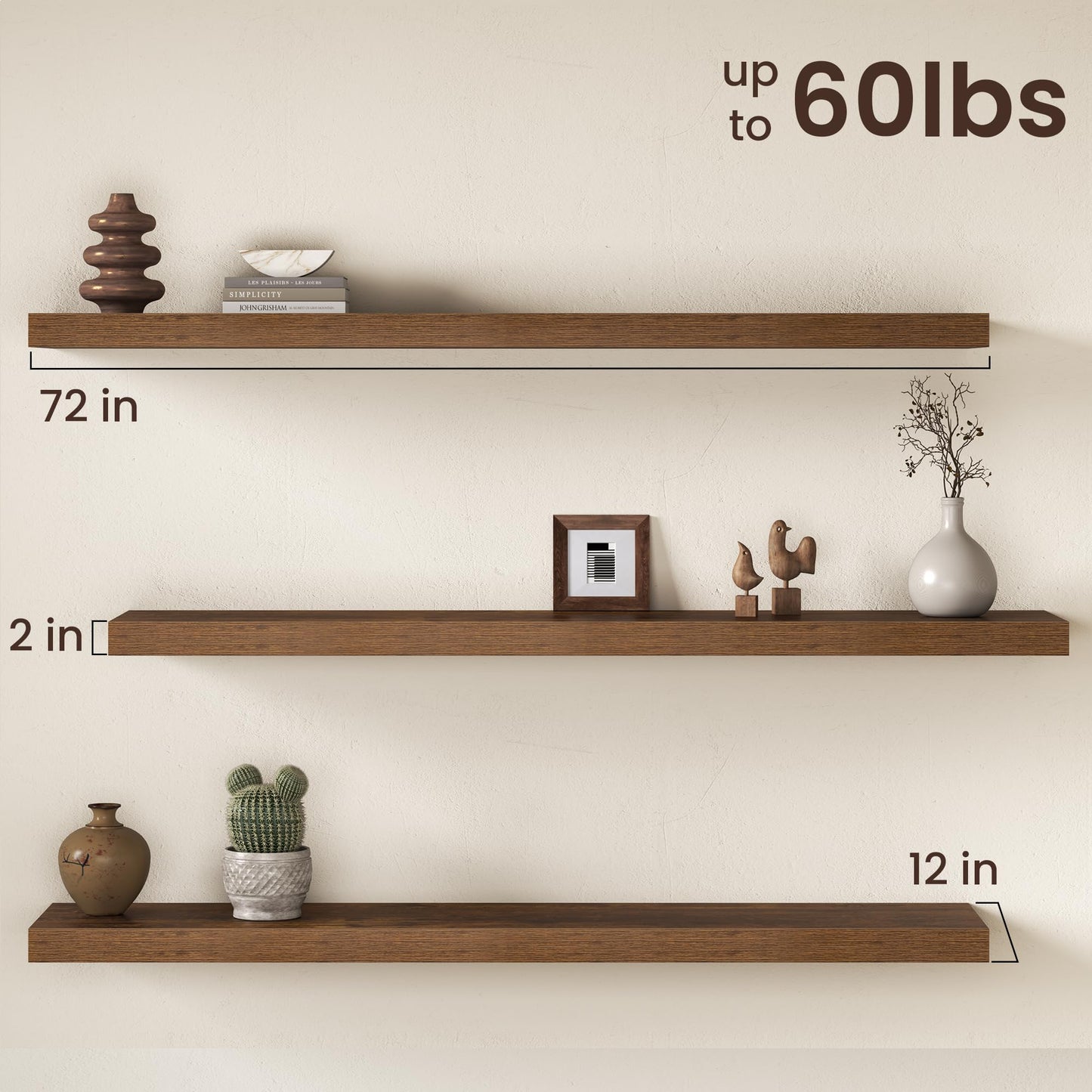 Fun Memories 72 Inch Floating Shelves, 12 Inch Deep Wall Shelf for Fireplace Mantel, Deep Storage Shelves for Home & Office, Long Floating Shelf with Invisible Bracket, Rustic Brown, Set of 2