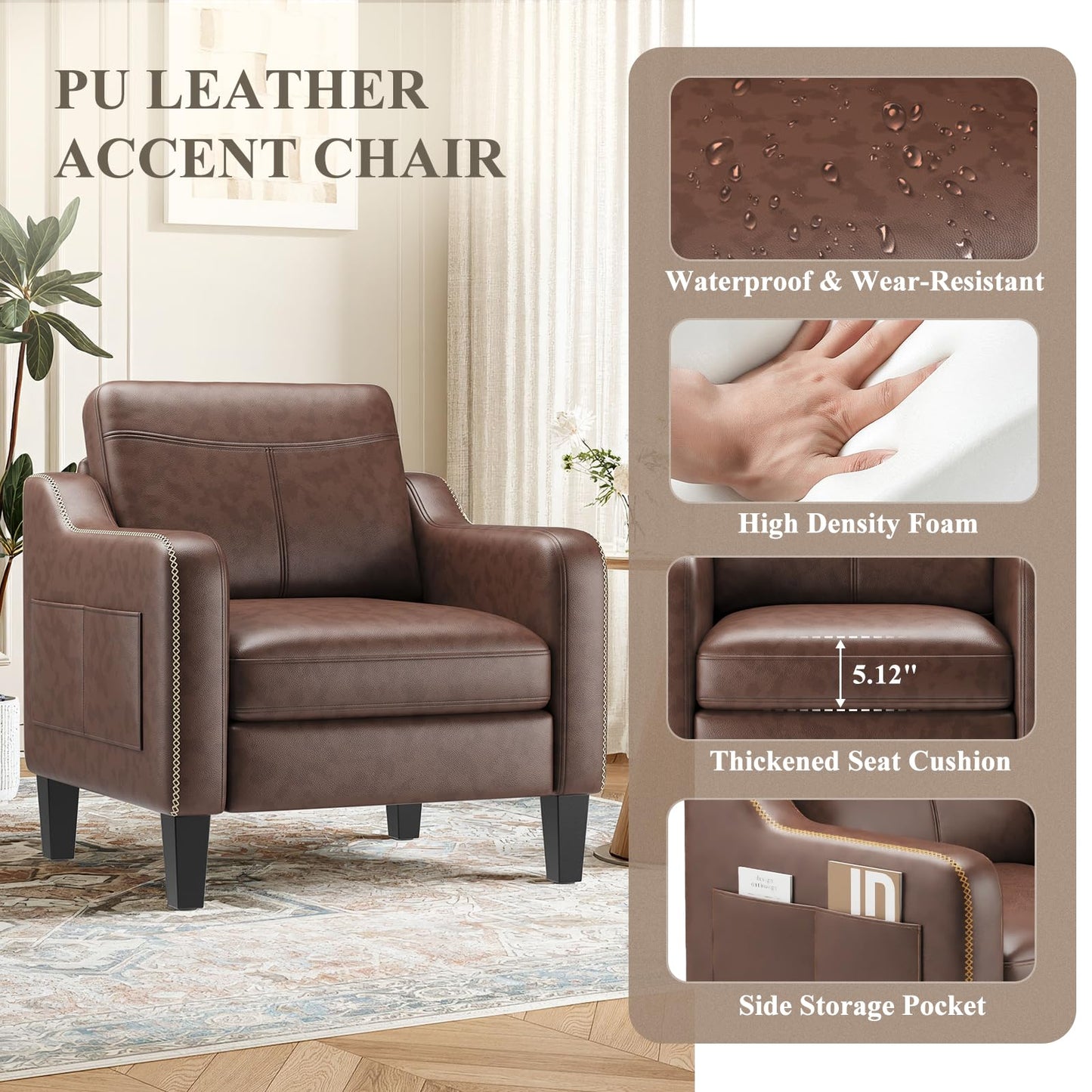 MALOL PU Leather Accent Chair Set of 2, Mid-Century Modern Living Room Armchair Sofa with Removable Cushions & Stitched Armrest Design, Bedroom Chair with Plastic Legs, Chocolate Brown