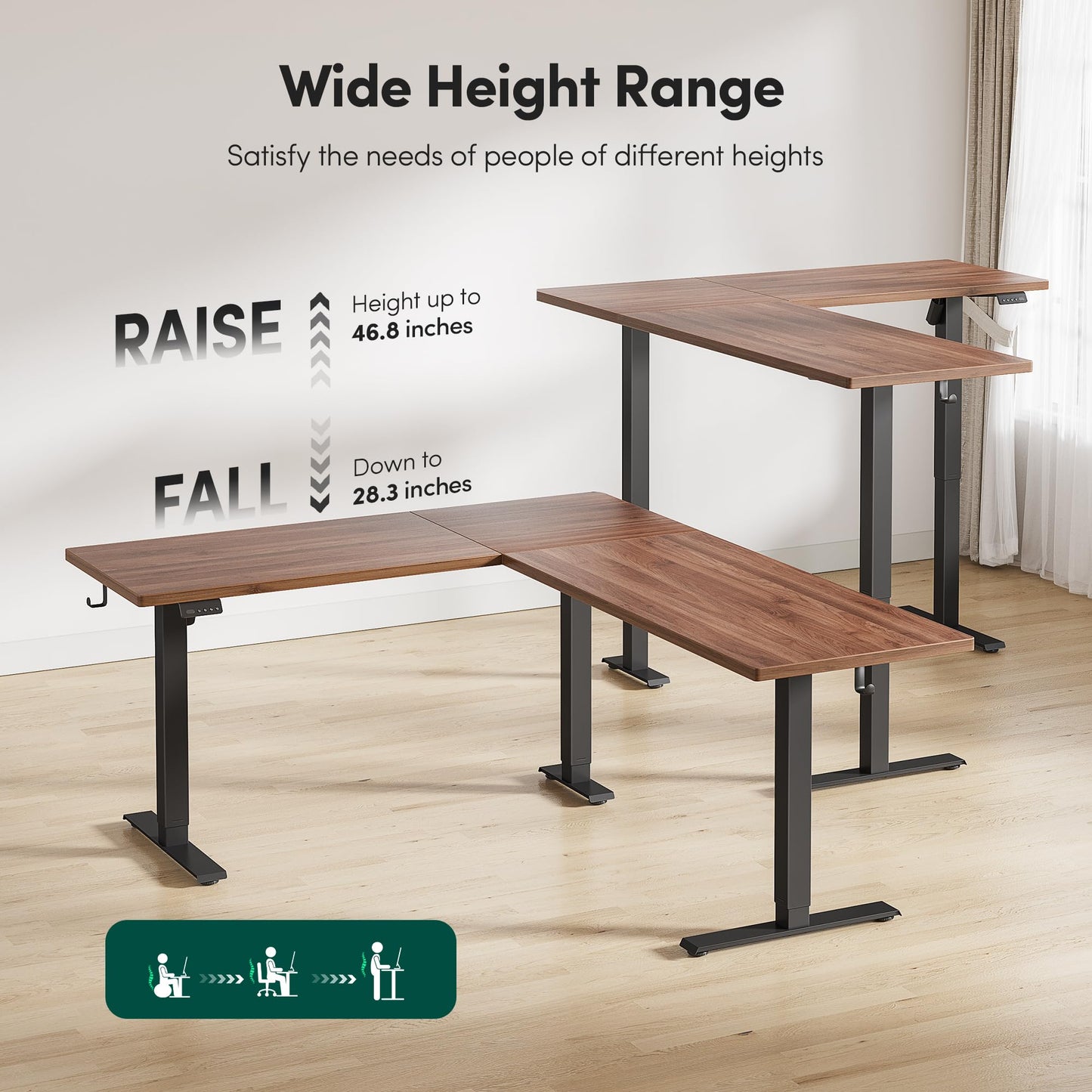 BANTI L-Shaped Standing Desk - 75 x 63 Inch Adjustable Corner Standing Desk with Charging Station - L Shape Sit Stand Table with Memory Controller, Splice Board for Home Office, Black Walnut