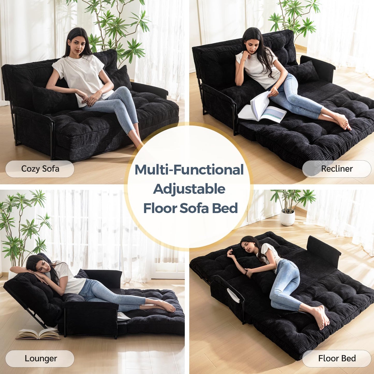MAXYOYO Adjustable Floor Sofa Couch with 2 Pillows, Multi-Functional Bean Bag Bed, 5-Position Foldable Lazy Sofa Bed with Armrest, Versatile Floor Seating for Reading, Black, Double