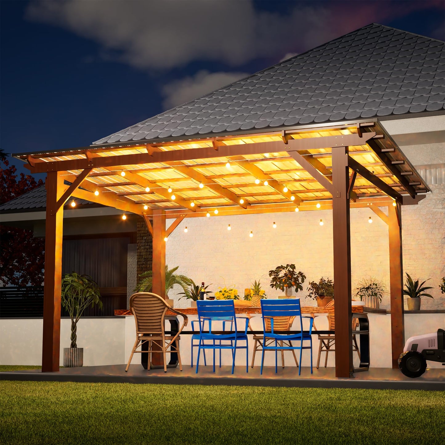 KEIKI 13.1' x 10' Wooden Grill Gazebo Metal Roof, Bulbs, Bar Counters, Patio Hardtop Grill Pergola, BBQ Canopy for Lawn, Garden, Outdoor Patio, Backyard
