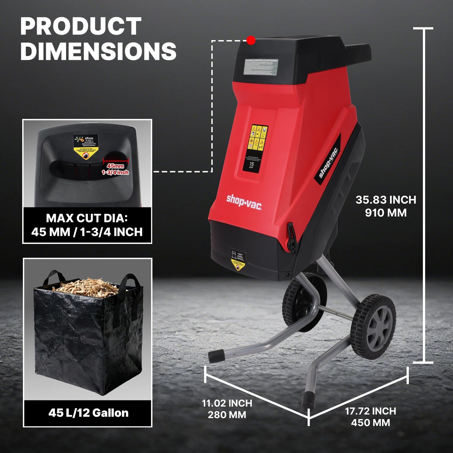 Shop-Vac Electric Wood Chipper, 15-Amp Wood Chipper Shredder with 45L Collection Bag and Push Paddle, Double-Sided Blade, 1-3/4 Inch Cutting Diameter for Yard Debris and Branches
