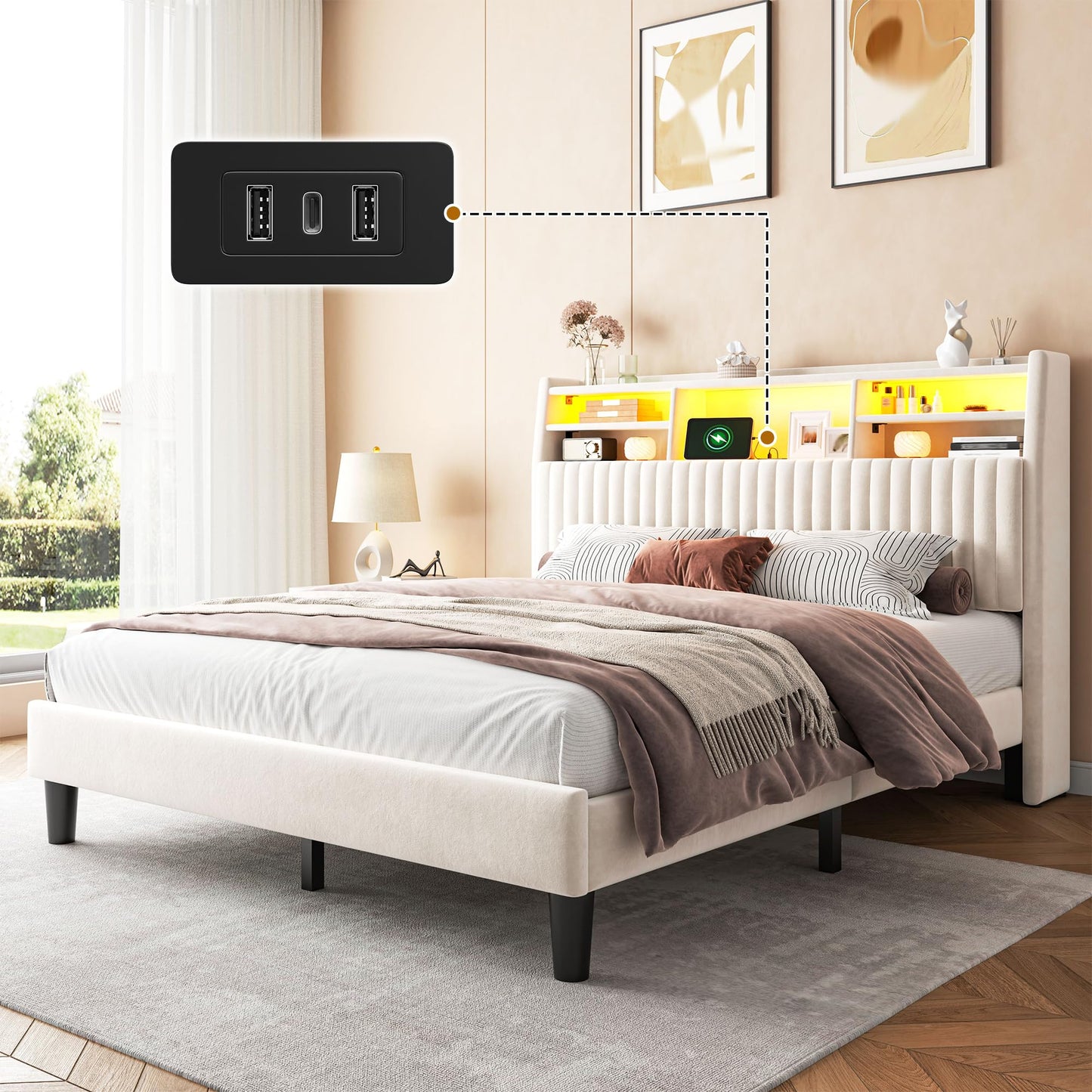 Homkdom Queen Bed Frame, Upholstered Bed Frame with Vertical Channel Tufted Headboard,Velvet Bed Frame Queen with Charging Station and LED Lights, Wooden Slats, Noise Free, Beige