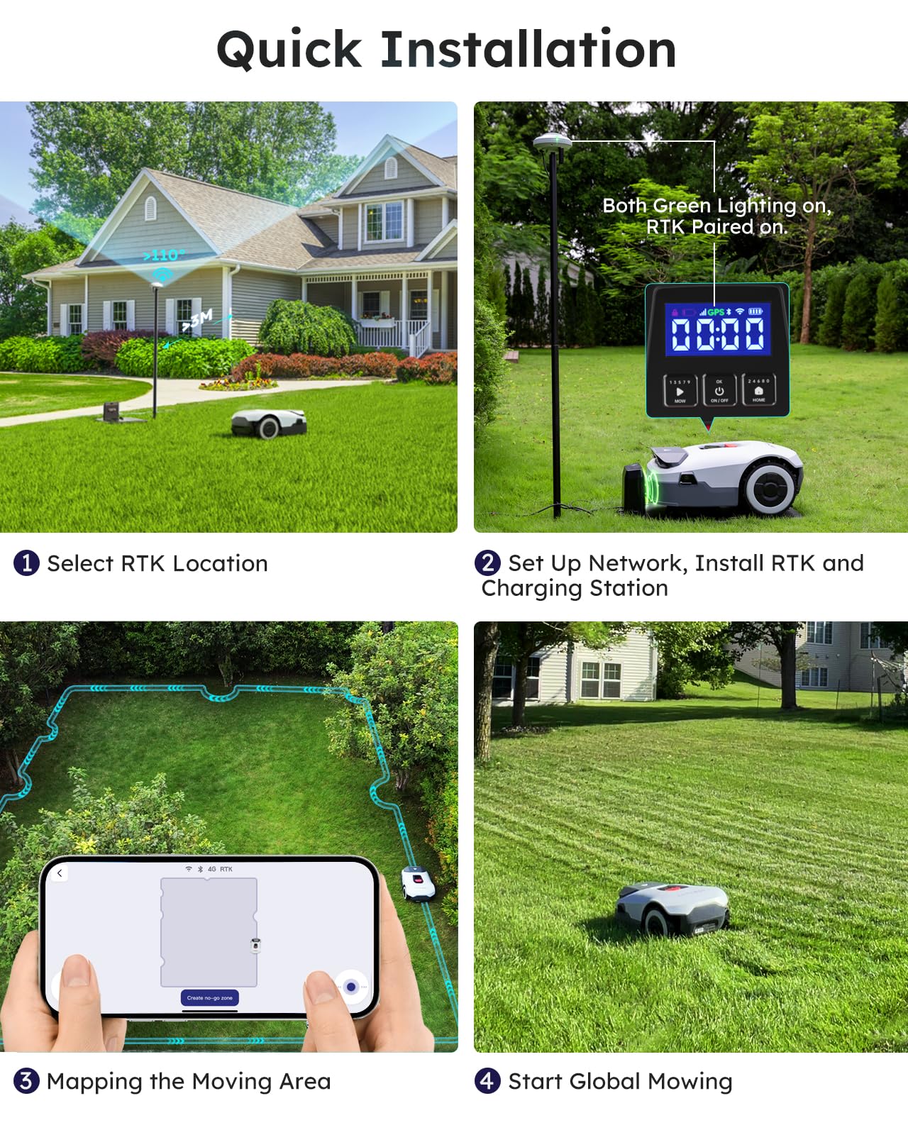 Robot Lawn Mower NO Wire - 0.5 Acre, Full Band RTK+4-Eye Vision Robotic Lawnmower, Automatic Mapping, 20 Multi-Zone Management, Accurate Obstacle Avoidance, Intelligent Anti-Theft, APP Control