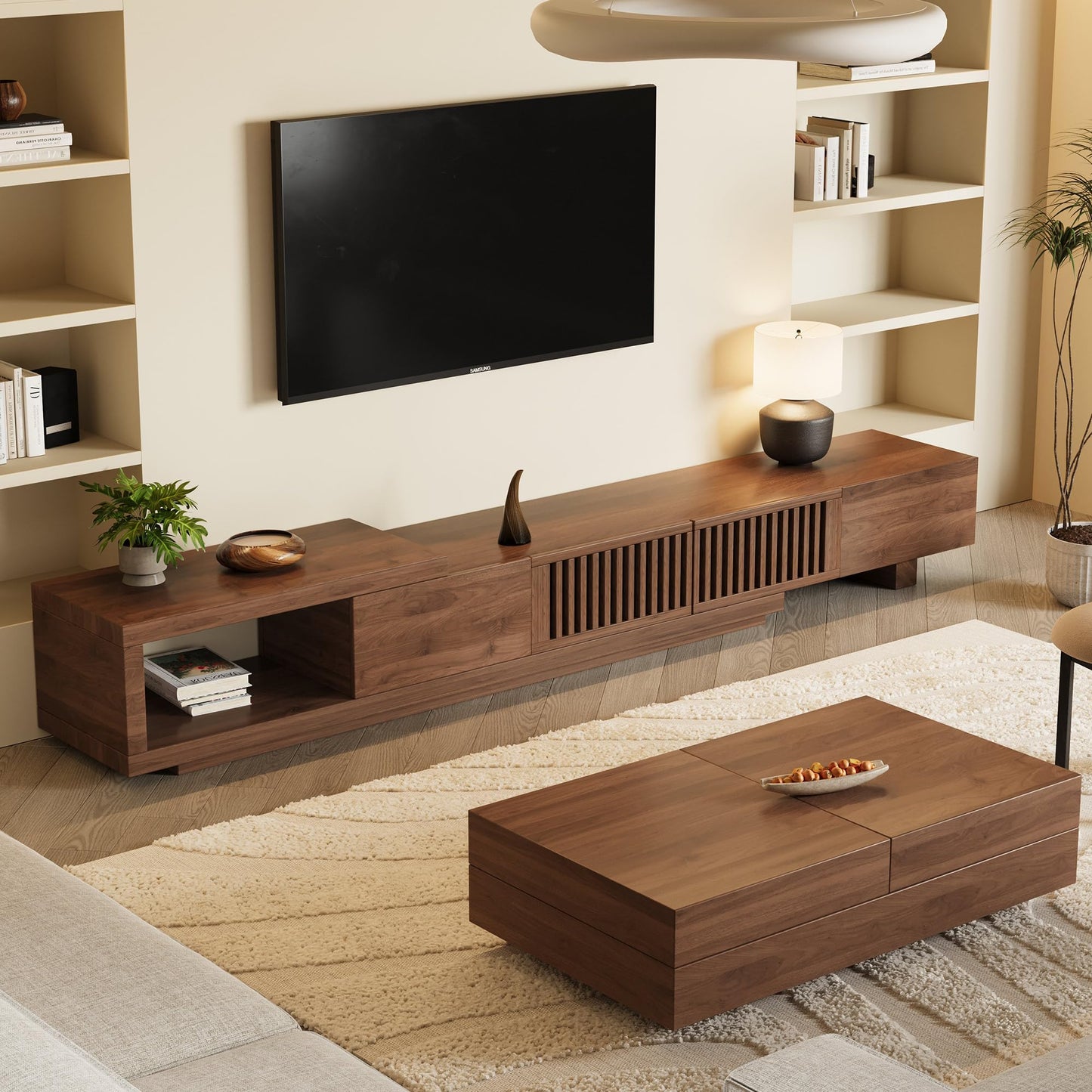 gaoyangjiaju 94.48" Mid Century Modern TV Stand for TVs up to 70"-90",Tv Console with 4 Storage Cabinets, Media Furniture for Living Room or Bedroom,Walnut (78.54“ to 103")