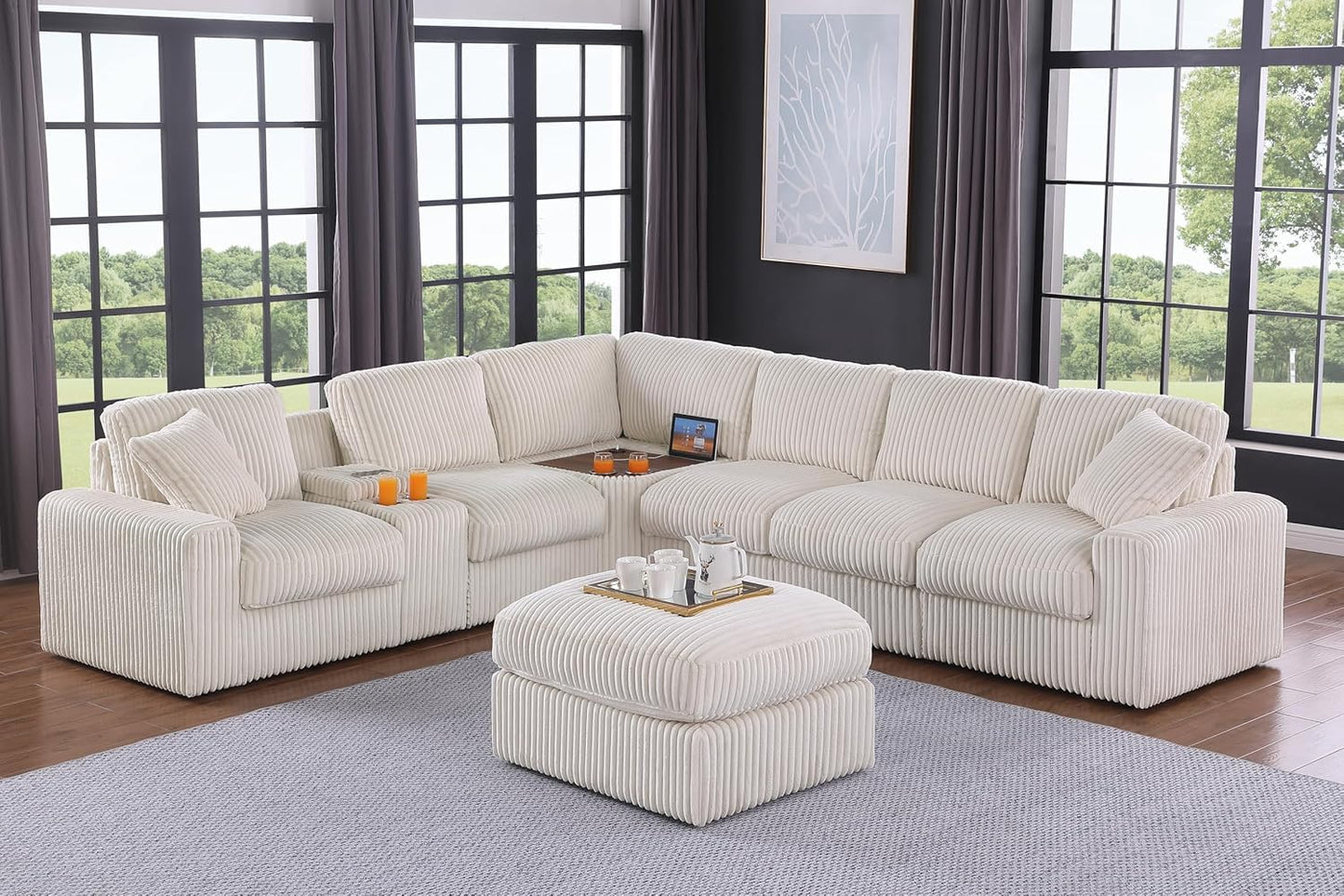 Ball & Cast 127" Oversized Modular Sectional Sofa L-Shaped,Large Corduroy Upholstered Couch 7 Seat with Ottoman,Cup Holders & USB Ports,Comfty Sectionals W/Pillows & Storage Box,for Living Room,Beige