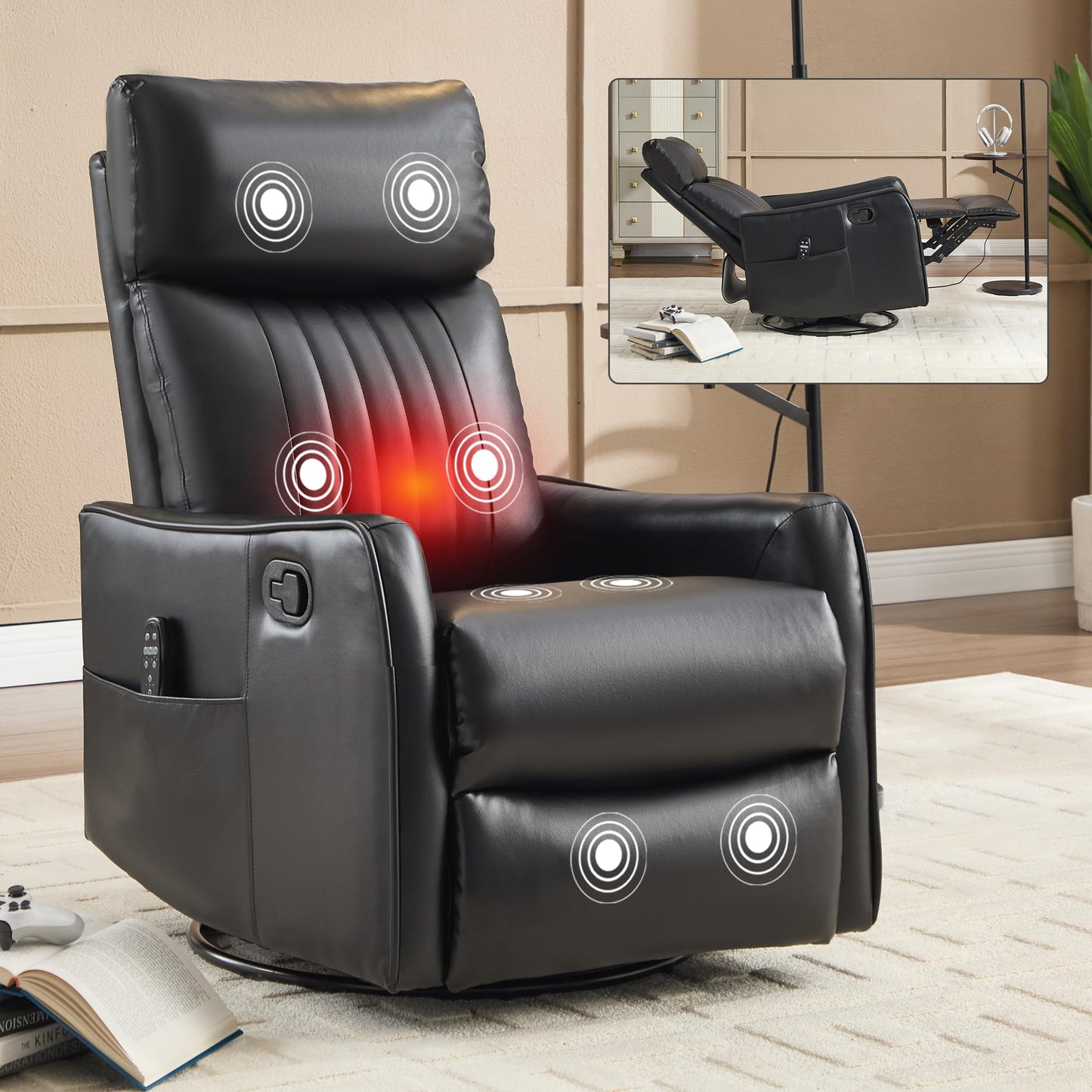 KEIKI 4-in-1 Manual Swivel Rocker Recliner Chair for Living Room, Faux Leather Nursery Glider Rocking Chairs with Back Massager & Heat, Tailored for Quiet Afternoon Tea Relaxation Moments, Black