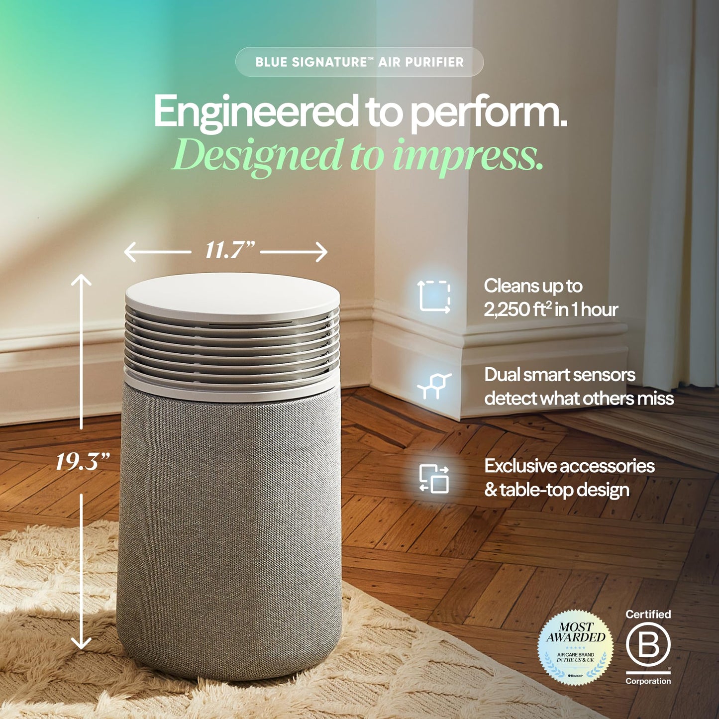 BLUEAIR Blue Signature SP3i Air Purifier for Medium Rooms up to 2,250 sq ft, HEPASilent Filtration, WiFi Smart Control, Auto Mode, Odor & Smoke Removal, Pet Hair & Dust, AHAM Verified, Table Design