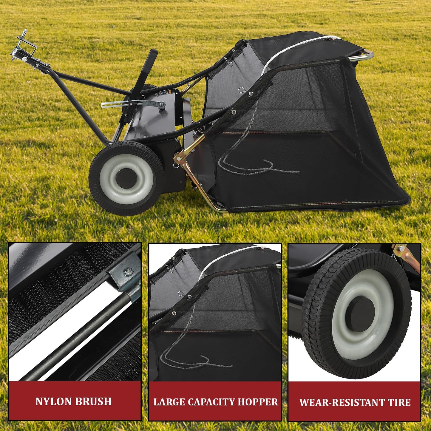 GarveeHome 42" Tow‑Behind Lawn Sweeper, Heavy‑Duty Leaf & Grass Collector for Lawn Tractor/ATV, 24 Cu.ft Yard Sweeper with Adjustable Height & Dumping Rope, Pull Behind Lawn Sweeper for Leaves