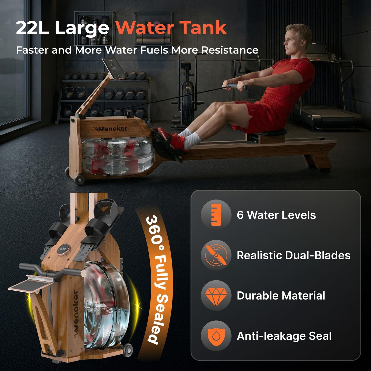 Water Rowing Machines for Home Use, WENOKER Rower Machine with Smart Electronic Knob,Wooden Row Machine with Comfortable Seat& LCD Monitor, Bluetooth App Compatible for Home Gym Exercise 400 LBS