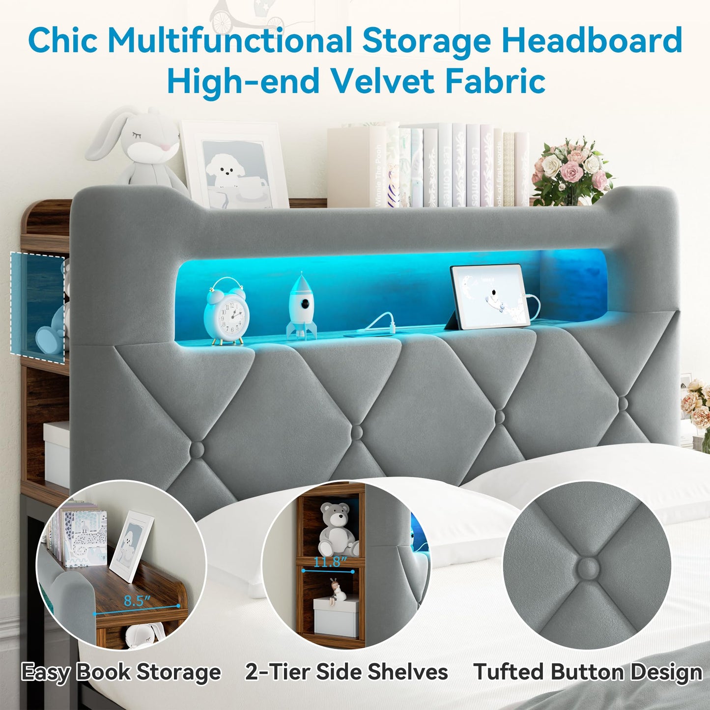 Jocoevol Queen Upholstered LED Bed Frame with 2 Storage Drawers and 2-Tier Storage Headboard, Velvet Platform Bed with Charging Station & Bookcase, Corner Bed Frame, Heavy Duty Metal Support, Grey