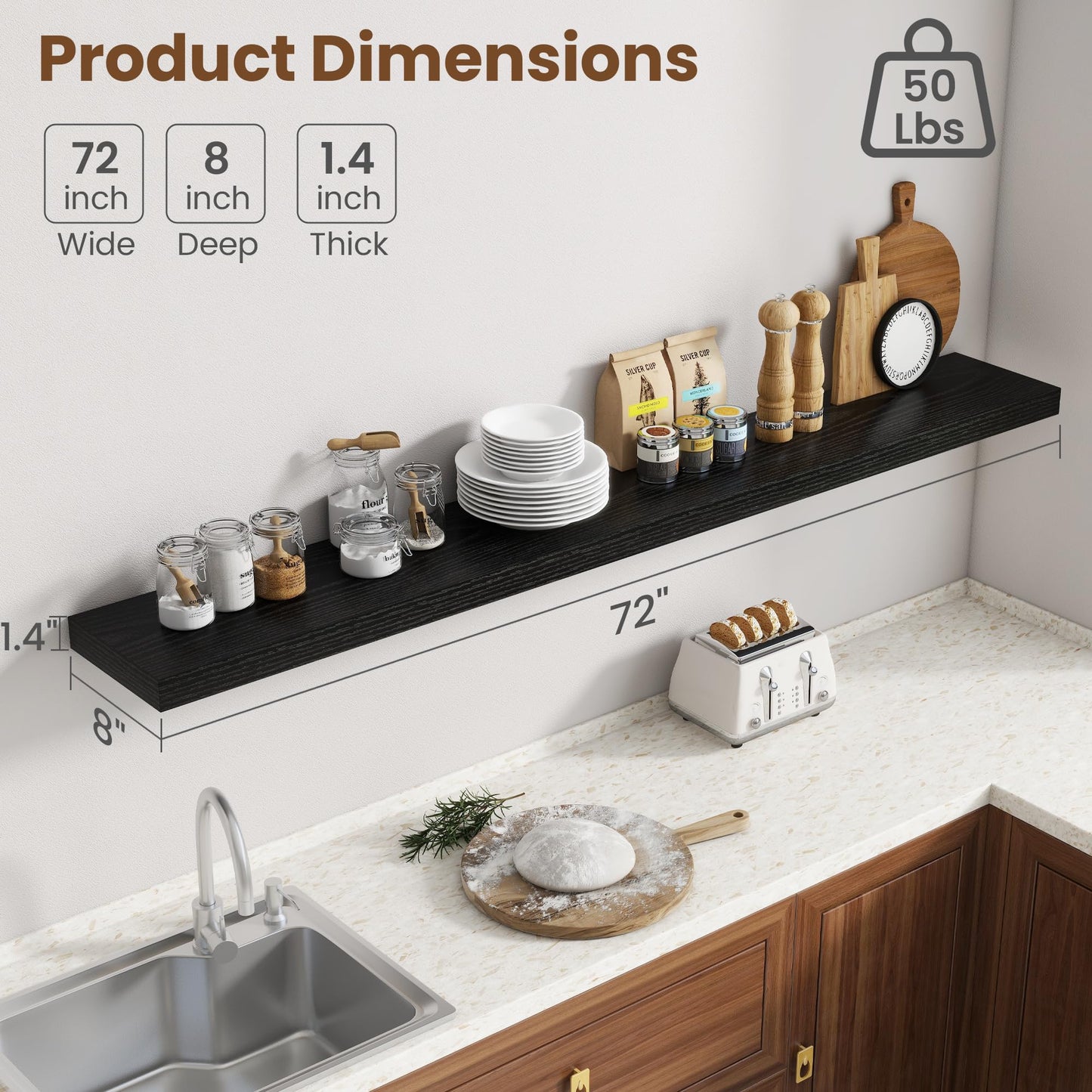 72 Inch Floating Shelves for Wall, 8 Inch Deep Floating Shelf for Storage & Display, Rustic Wall Mounted Shelf with Invisible Brackets for Living Room, Kitchen, Bathroom, Home Decor, Set of 2, Black
