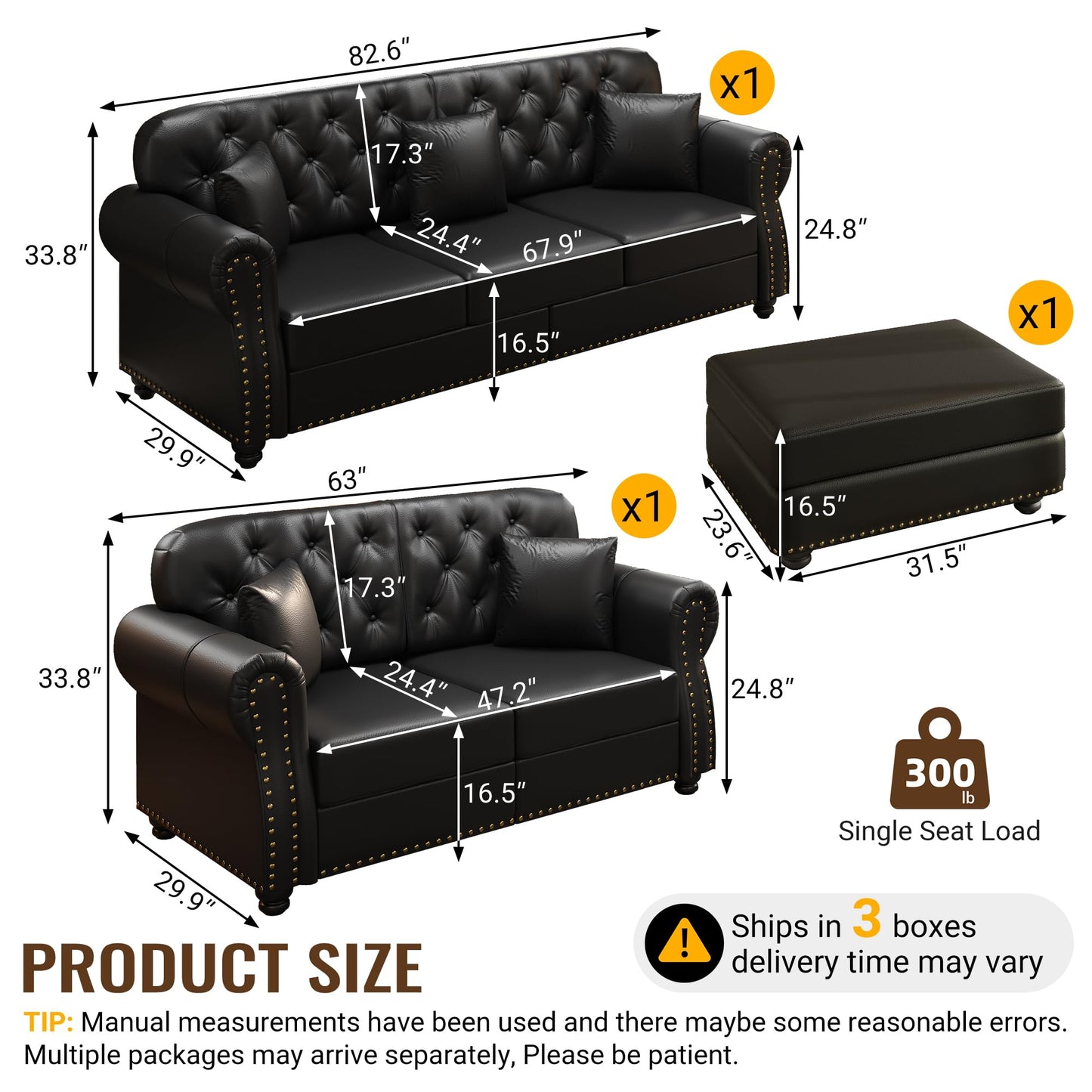 KEIKI 2-Piece Chesterfield Sofa Set with 1 Faux Leather 3-Seater Sofa & 1 Loveseat Sofa, Upholstered 5-Seater Couch Set with Nailhead Trim & Rolled Arms & 1 Ottoman & 5 Pillow, for Living Room, Black