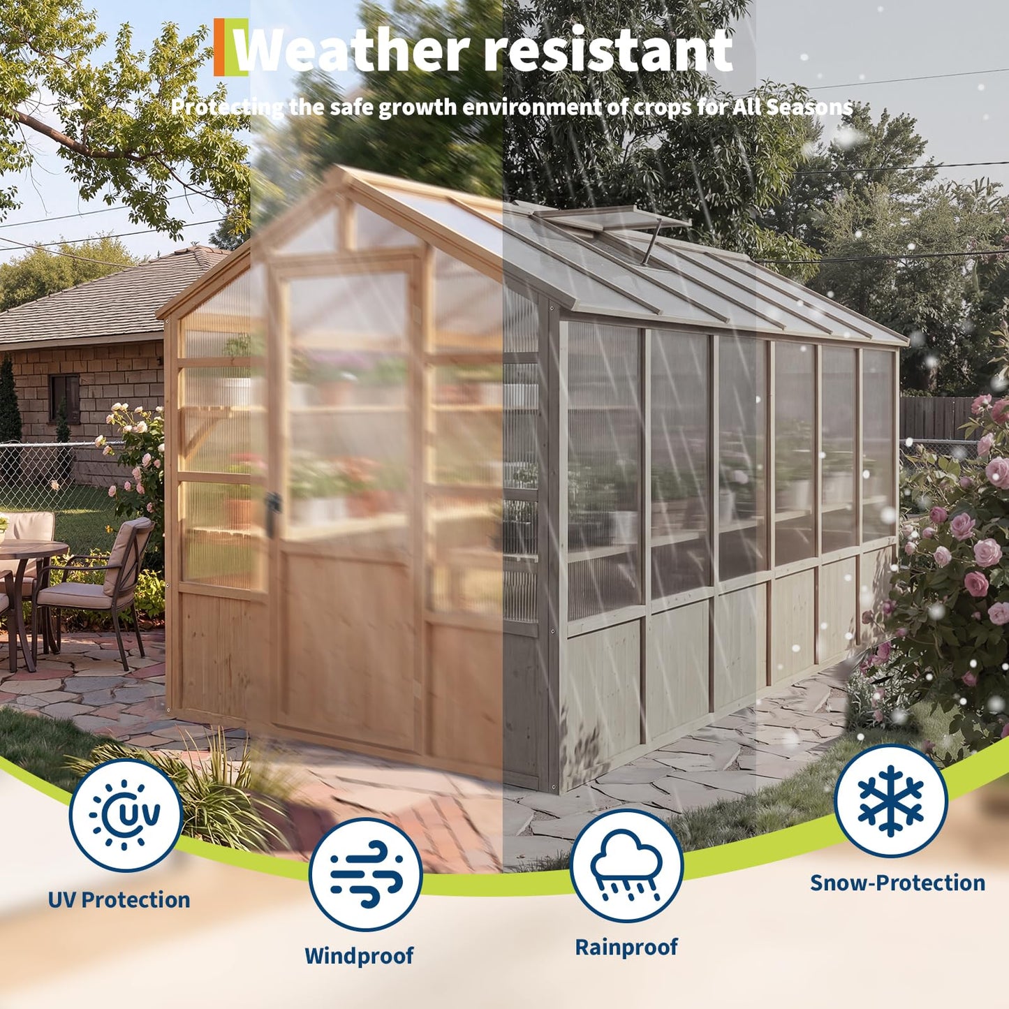 Large Wood Frame Greenhouse for Outdoor - Wooden Walk-in Greenhouse Kit with Polycarbonate Panels, Ventilated Window & Lockable Door for Garden, Backyard, Patio, Lawn, Plant House
