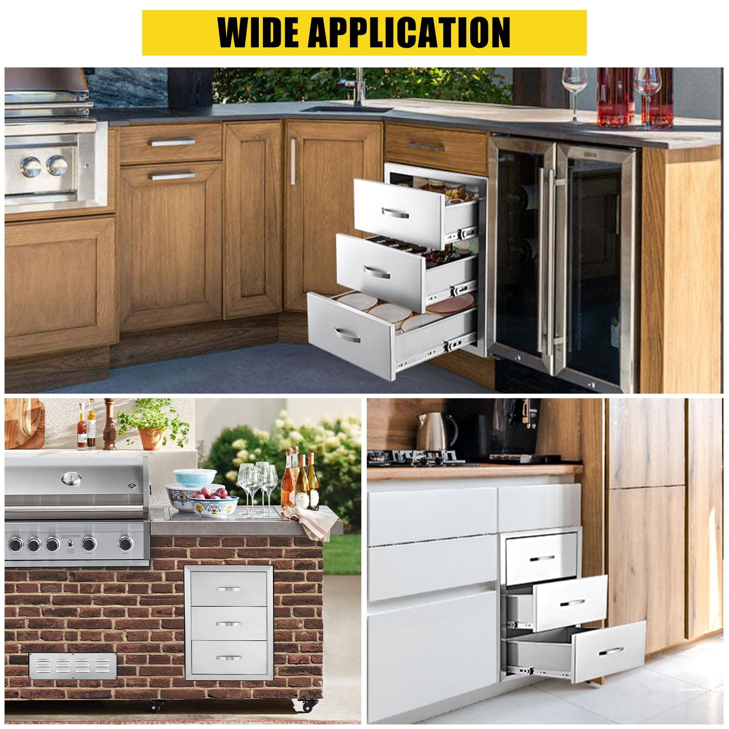 GarveeLife Outdoor Kitchen Drawers 18 in Wx 23 in H x 23 in D, Flush Mount BBQ 3-Layer Drawer Stainless Steel Kitchen Drawer Outdoor Kitchen Access Drawer for Outdoor Kitchen Island