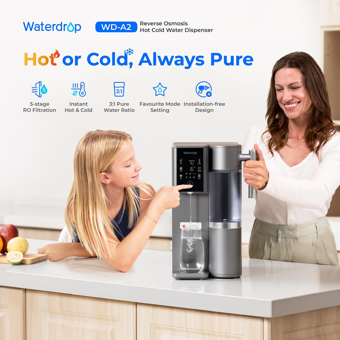 Waterdrop A2 Countertop Reverse Osmosis System, Hot and Cold RO System, Portable Pure Water Tank, Bottleless Water Cooler, 6 Temperature Settings, Hot Cold Room Water, 3:1 Pure to Drain