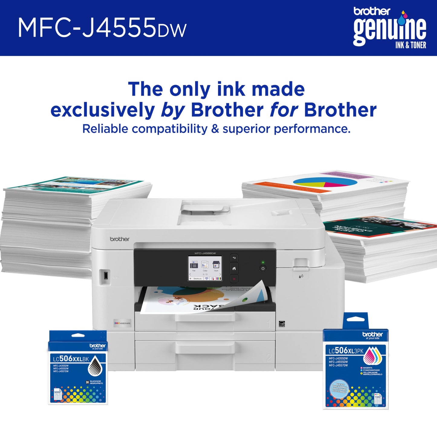 Brother INKvestment 4555 Wireless Color Inkjet All-in-One Printer with 2.7” Color Touchscreen and 2 Paper Trays | Includes Refresh Subscription Trial(1) (MFC-J4555DW)