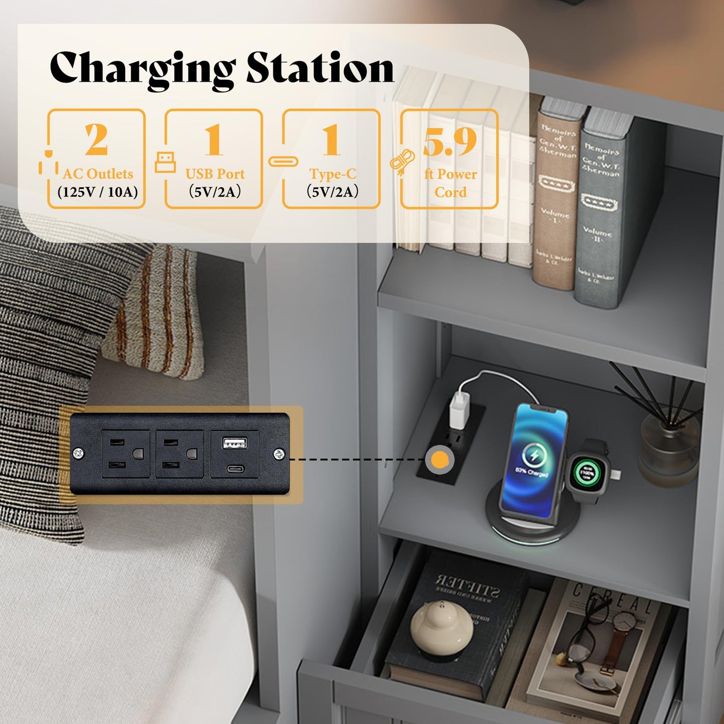AMERLIFE Full Size Murphy Bed with Bedside Tables, Foldable Cabinet with 3 Storage Drawers & Charging Station, Farmhouse Hideaway Bed for Bedroom/Office/Guest Room, Grey
