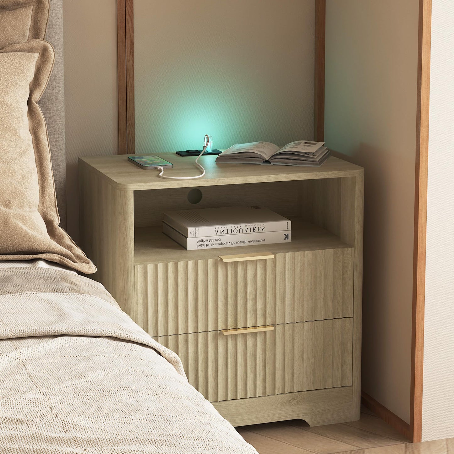KEIKI Nightstand with Charging Station Set of 2, Built-in Storage Drawers and Shelf, Wood Smart Bedside Cabinet with Voice Control, Natural and Natural