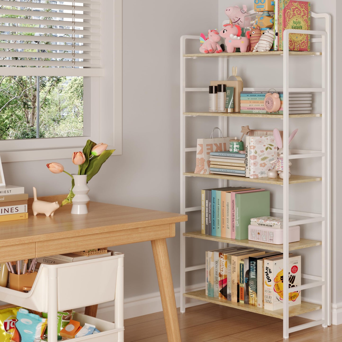 JSB 5 Tier No Assembly Folding Bookshelf, Arched Bookshelf, Foldable Bookcase for Living Room, Bedroom, Office,Skinny Bookshelf (White)