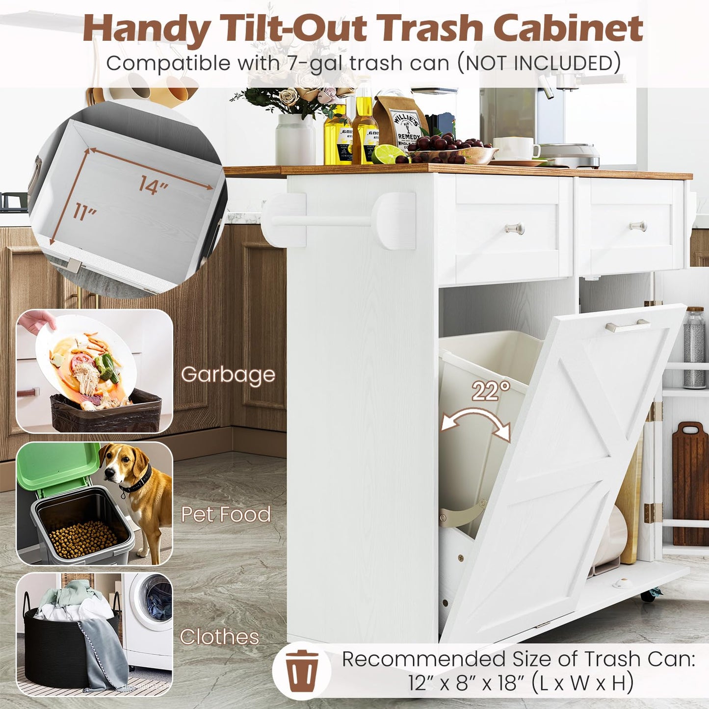 Giantex Kitchen Island Cart with Hidden Tilt Out Trash Can Cabinet, Drop Leaf, 2 Drawers, Towel Rack, Rolling Mobile Breakfast Bar Table, Wood Kitchen Storage Cart on Wheels (White & Natural)