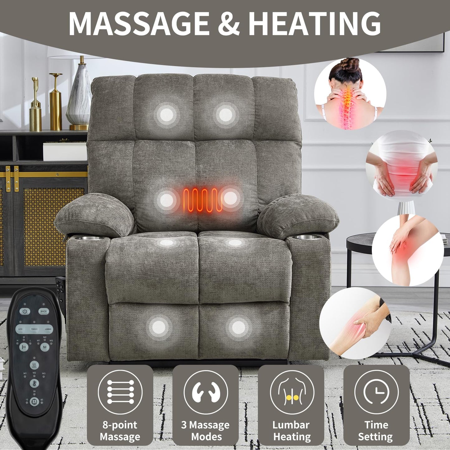 KEIKI Large Dual Motor Power Lift Recliner Chair for Adult, Chenille Upholstery Breathable Rocking Chair with Back Massager and Heated with Cup Holders, Famliy Daily Rest and Living Room Comfy, Brown