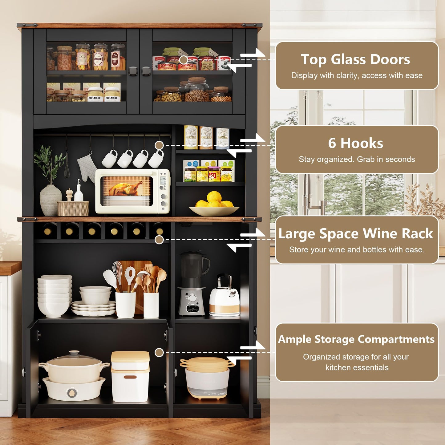 Einhomn 71" Tall Kitchen Pantry Cabinet with Charge Station, 3 Adjustable Shelves, Wine Rack and Glass Door, Kitchen Hutch for Dining Room, Kitchen and Living Room, Black