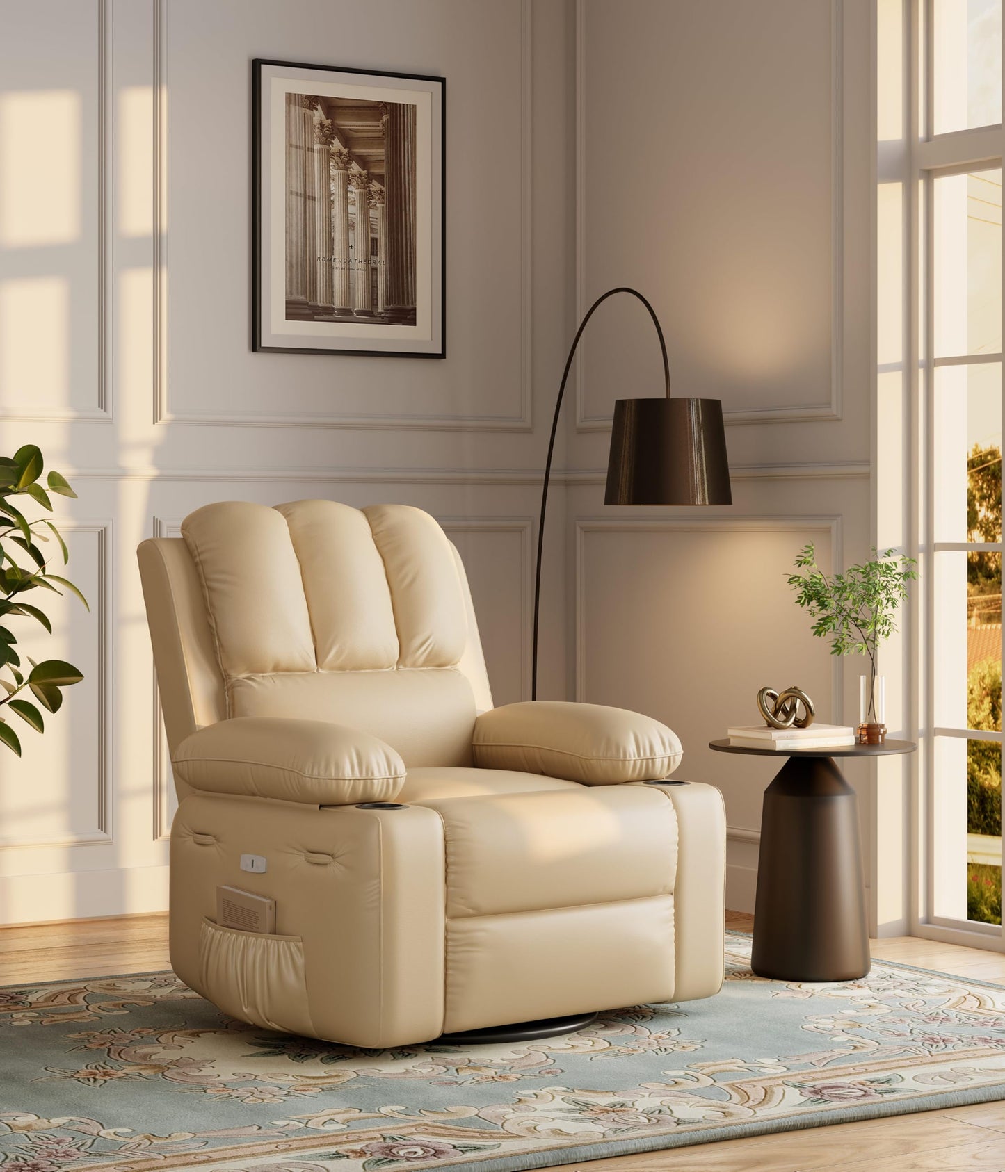 IDEALHOUSE Power Recliner Chair with Massage and Heat, Leather Fabric Reclining Sofa Chair, 360° Swivel Recliner Chairs with Cup Holder for Living Room, Bedroom, Nursery, Beige