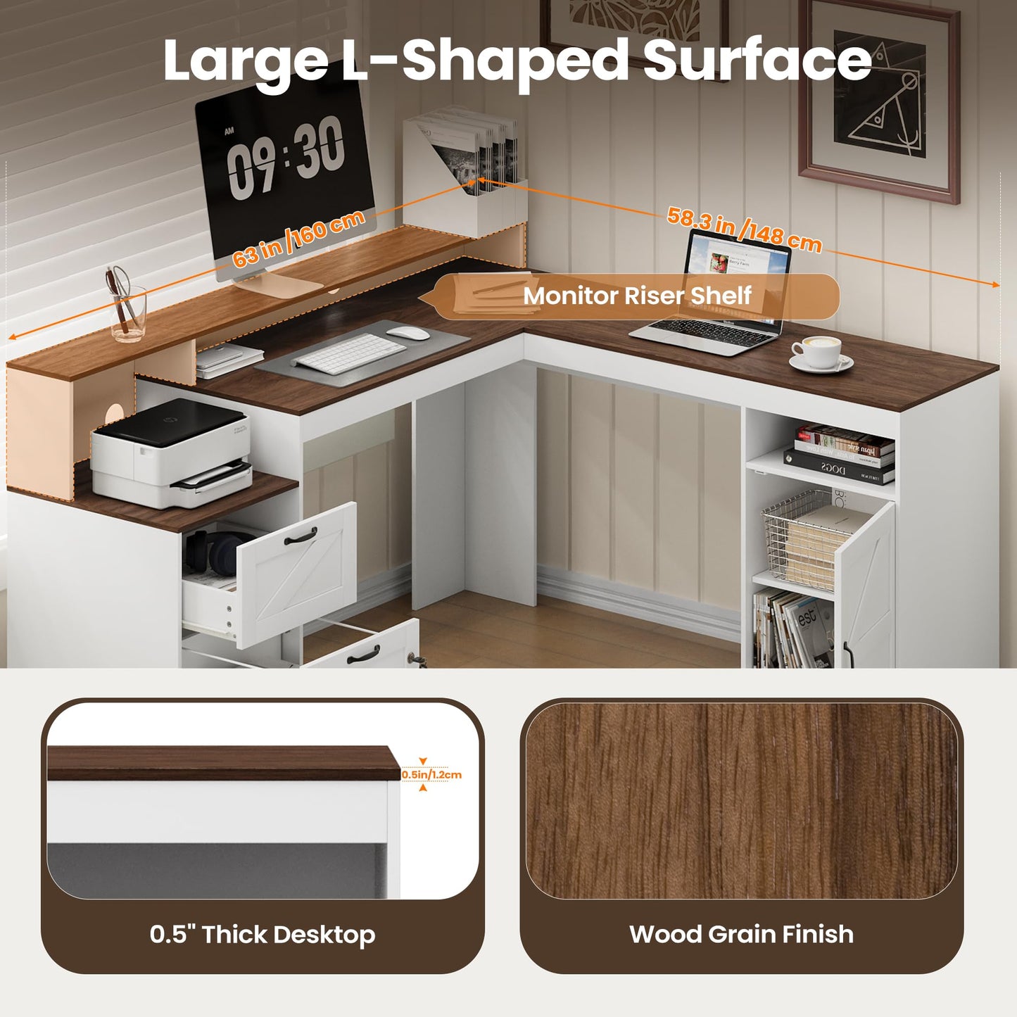 MALOL 63" Farmhouse L Shaped Executive Desk, Corner Computer Desk with Drawers & Storage Shelf, Home Office Desk with Power Outlet, Monitor Stand, Wood Grain Desktop, White & Rustic Brown
