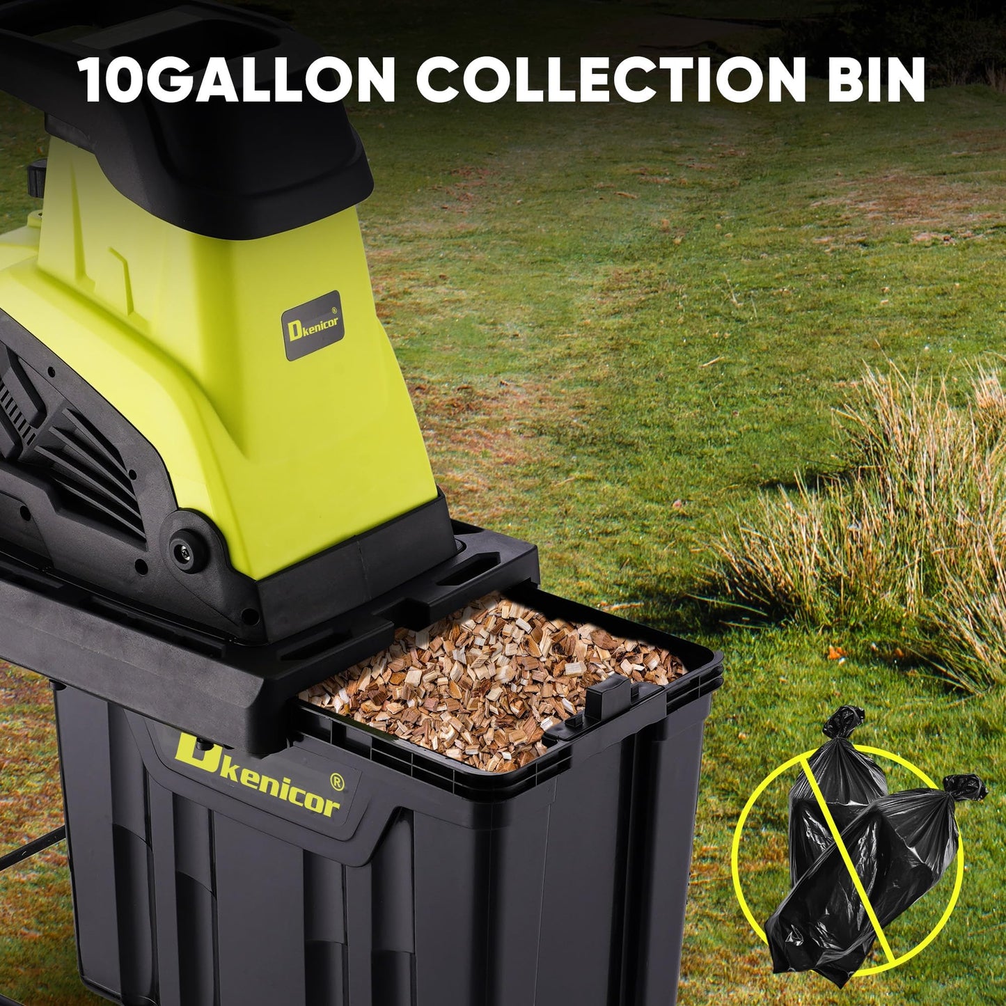 Dkenicor Wood Chipper Shredder,1800W Cutting Diameter of 1.77 inch with 10 Gallon Collection Bin 15-Amp Electric Wood Chipper Shredder for Quick Cleanup Ideal for Branches, Garden Waste, Green