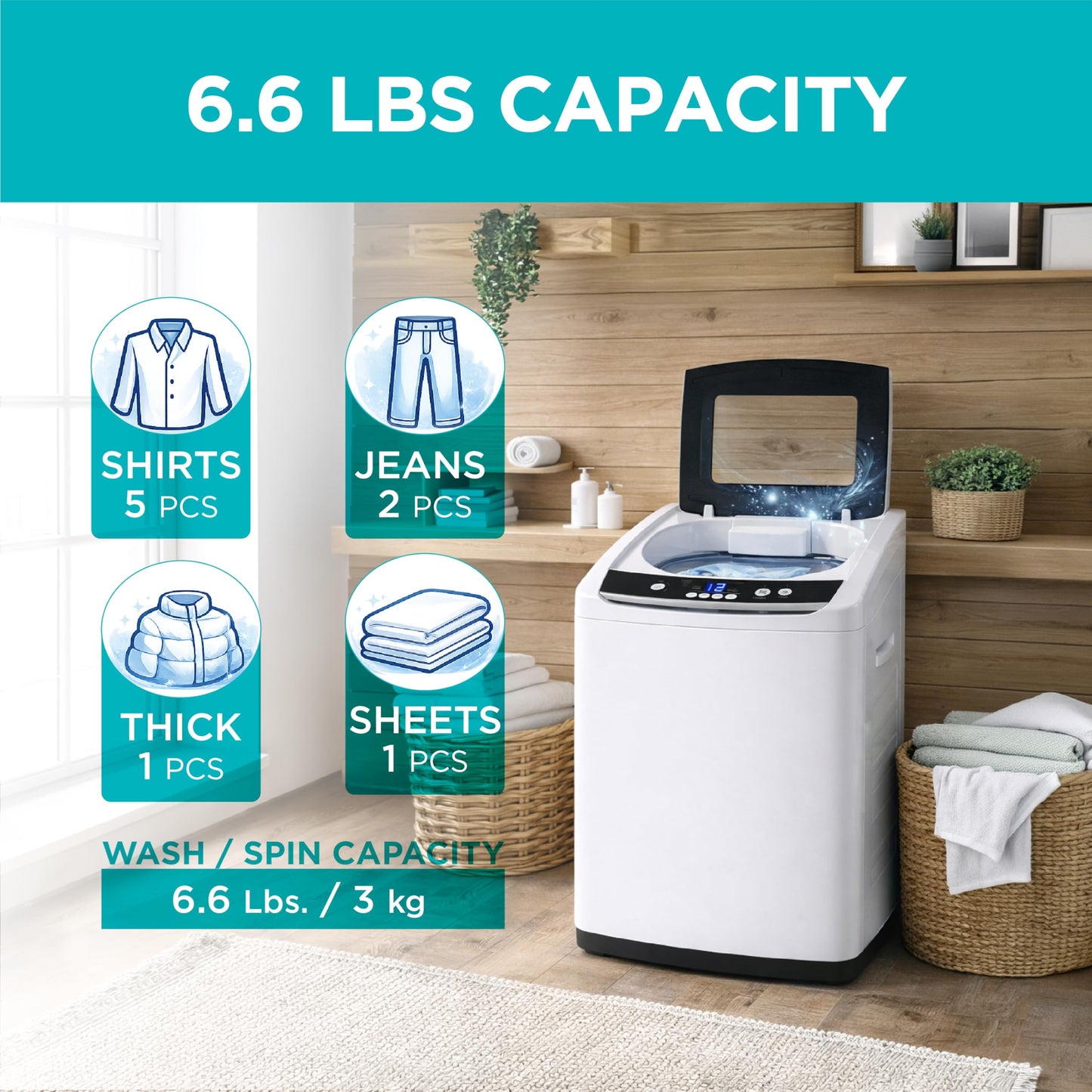 BLACK+DECKER 0.9 Cu. Ft. Portable Washer, 6.6 lb. Capacity Washing Machine for Homes & Apartments, 5 Wash Cycles, Quick Connect Sink Adapter and Drain Hose Included, LED Display, BPWM09W, White