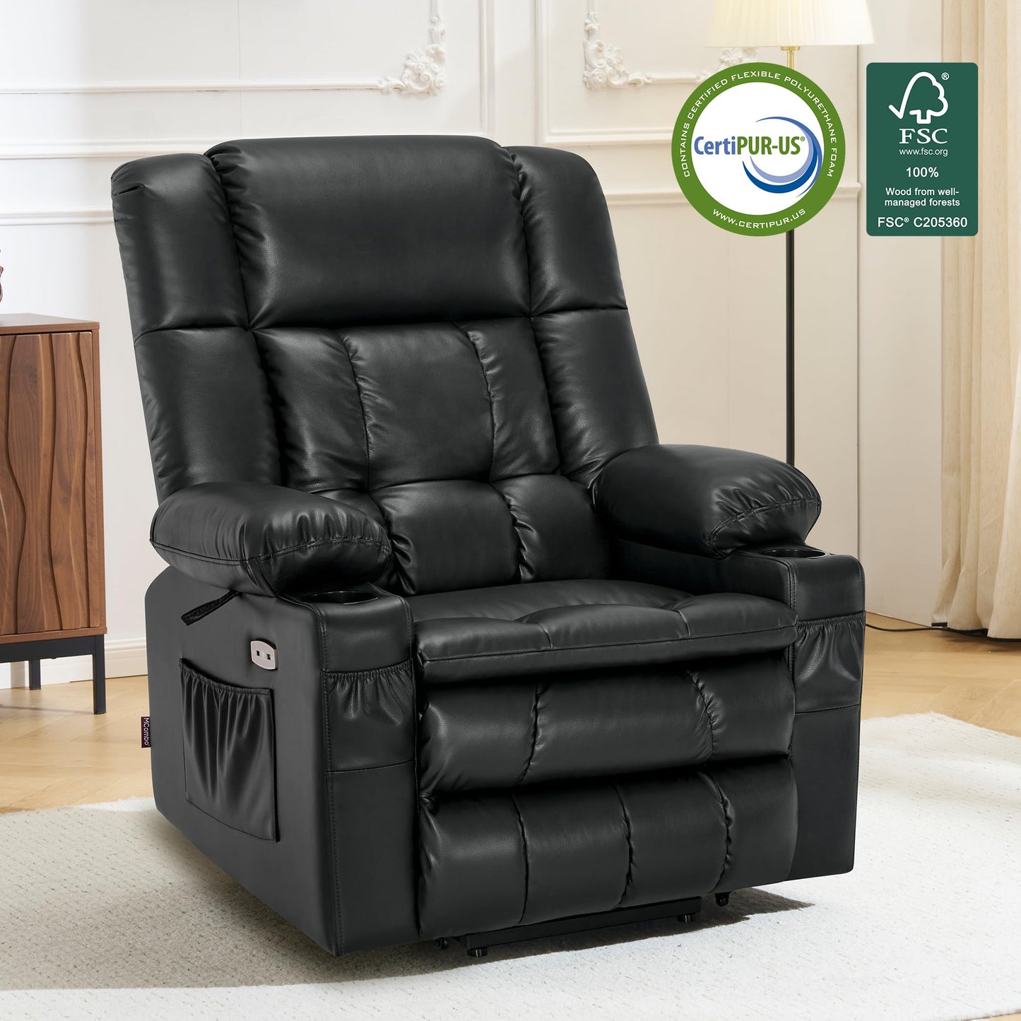 MCombo Dual Motor Power Lift Recliner Chair for Elderly, Lay Flat Lift Chair with Heat and Massage, Cup Holders, USB Ports, Faux Leather 7890 (Black, Medium)