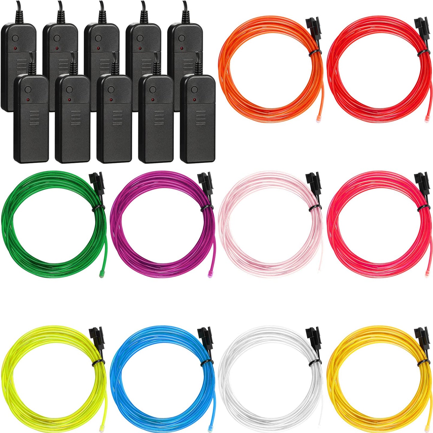 Hortsun 10ft EL Wire Neon Lights - Battery Powered, 15 Pack, Multi-Color (Red, Purple, White, Blue, Green, Yellow, Orange) - Model WA-Horts