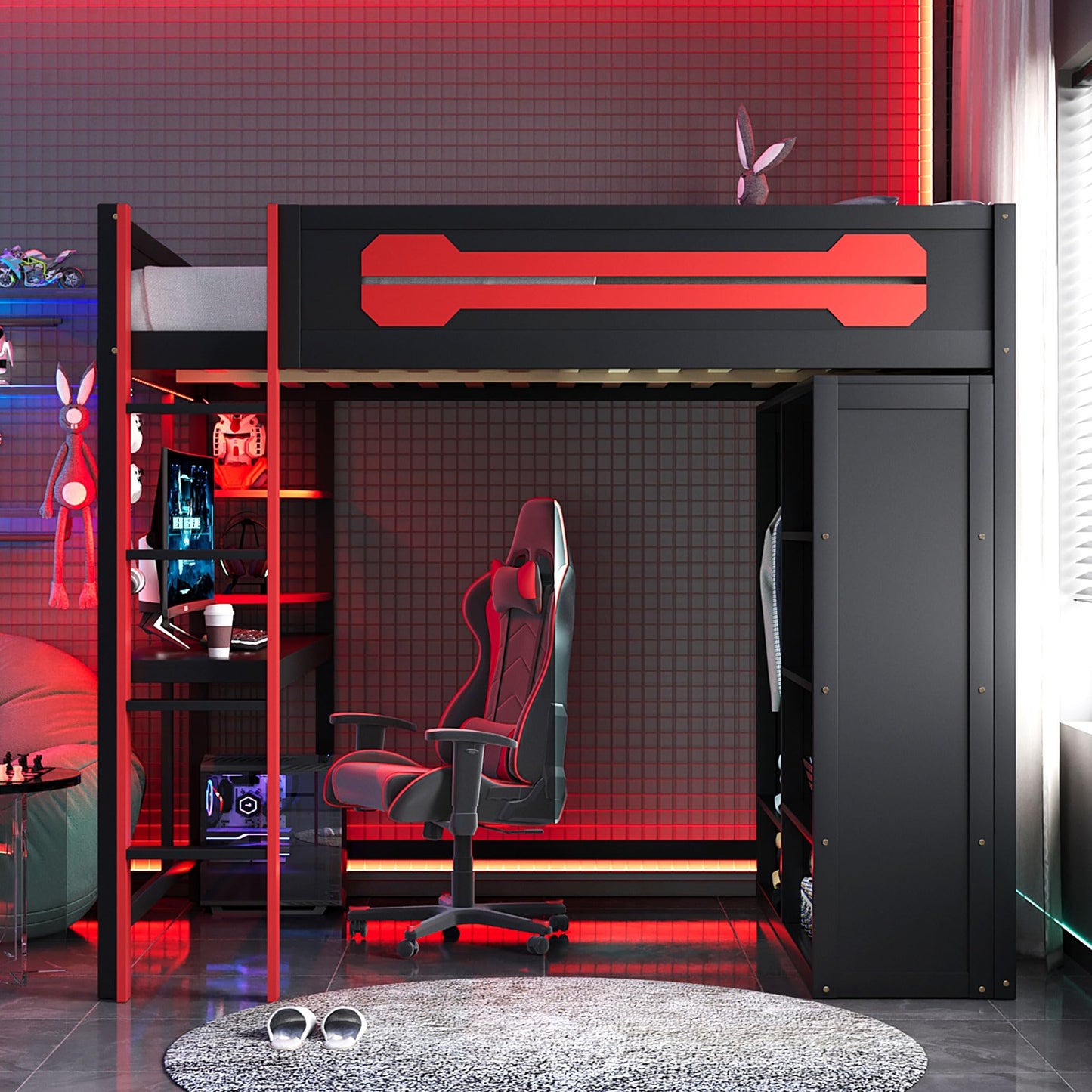 Ball & Cast Gaming Full Size Loft Bed with Desk and Charging Station,Wood Gamer Loft Beds Frame W/Open Wardrobe&RGB Light,High Loft Bed W/Full-Length Guardrail,Bedroom Furniture for Student Dorms,Red