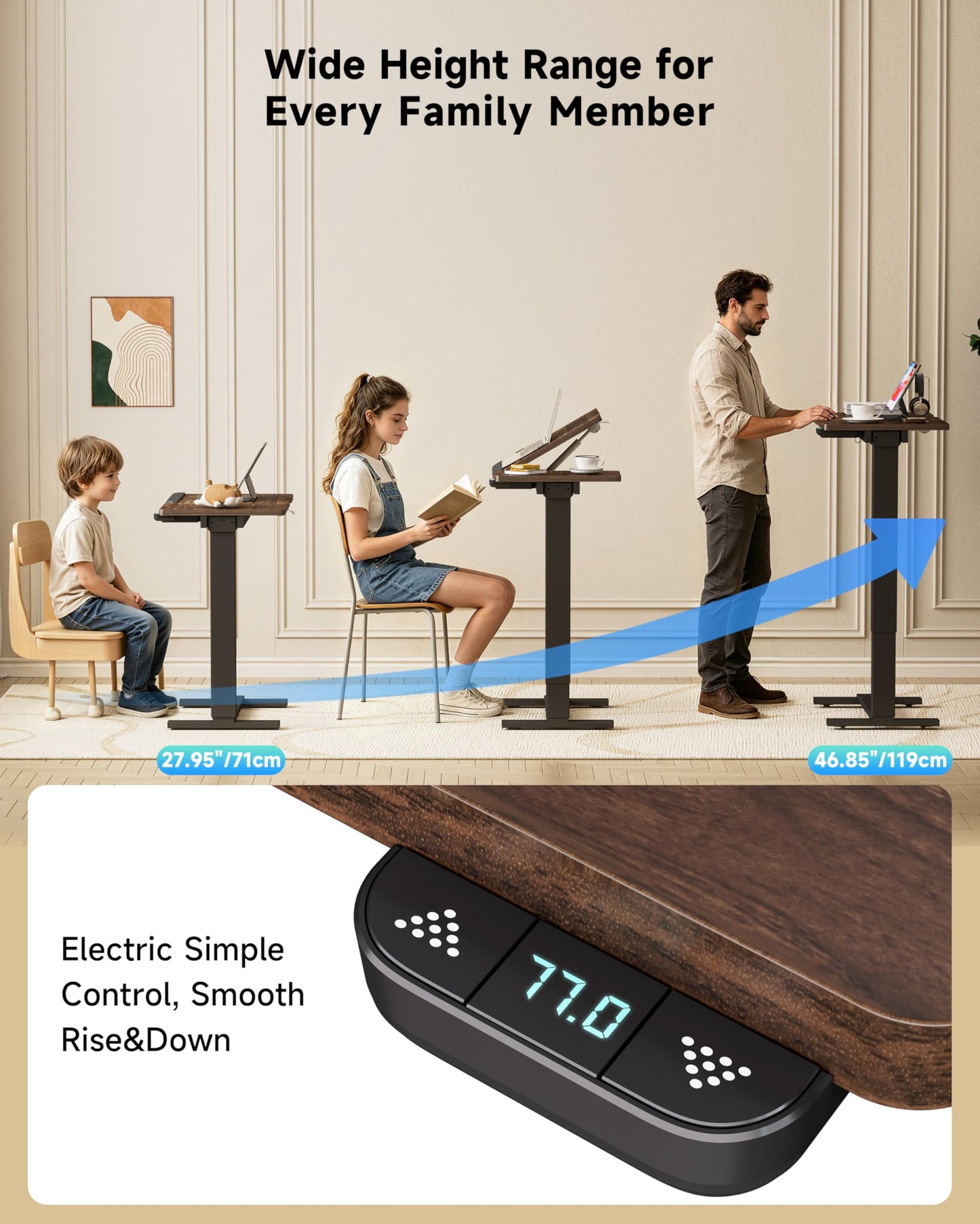 BIZUM Small Electric Standing Desk, Overbed Table Wireless Tilt Top with Hidden Wheels, 27.6×15.8 Inch Adjustable Rolling Laptop Desk, USB-C Rechargeable Battery, Walnut