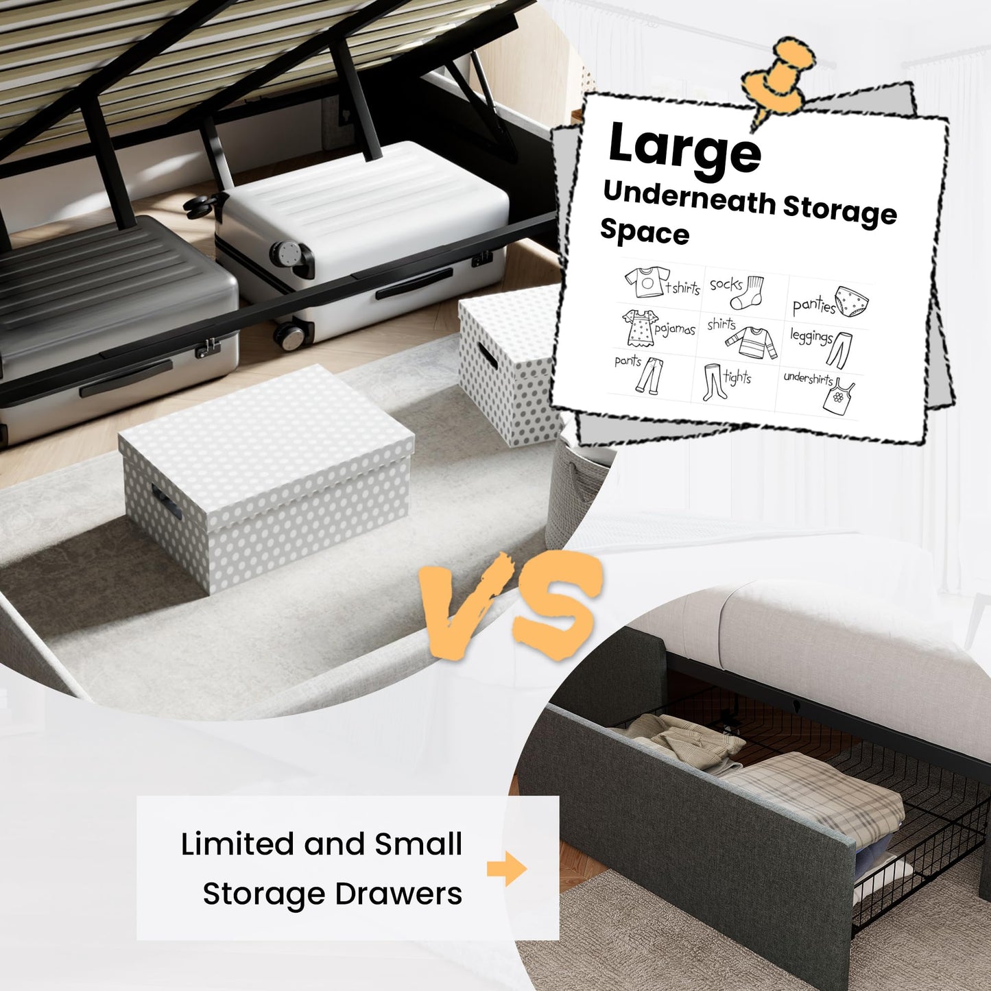 SHA CERLIN Queen Size Lift Up Storage Bed Frame,Button Tufted Wingback Headboard,Upholstered Platform,Hydraulic Storage,Wooden Slat Support,No Box Spring,Light Beige