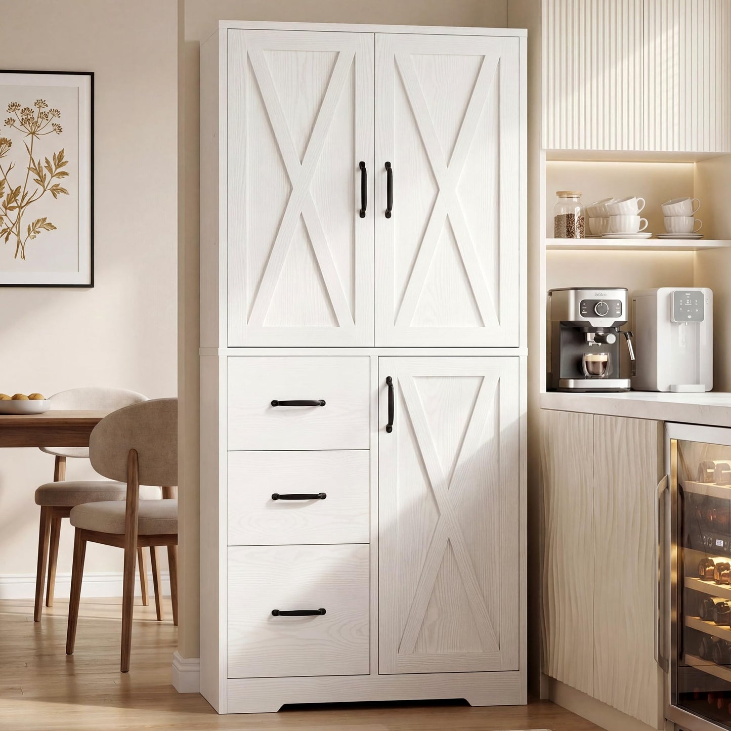 IRONCK Pantry Cabinet, 67.5 inch Tall Storage Cabinet with 3 Doors & Drawers, Farmhouse Kitchen Cabinet with Adjustable Shelves, 5 Tier Freestanding Cupboard for Kitchen, White