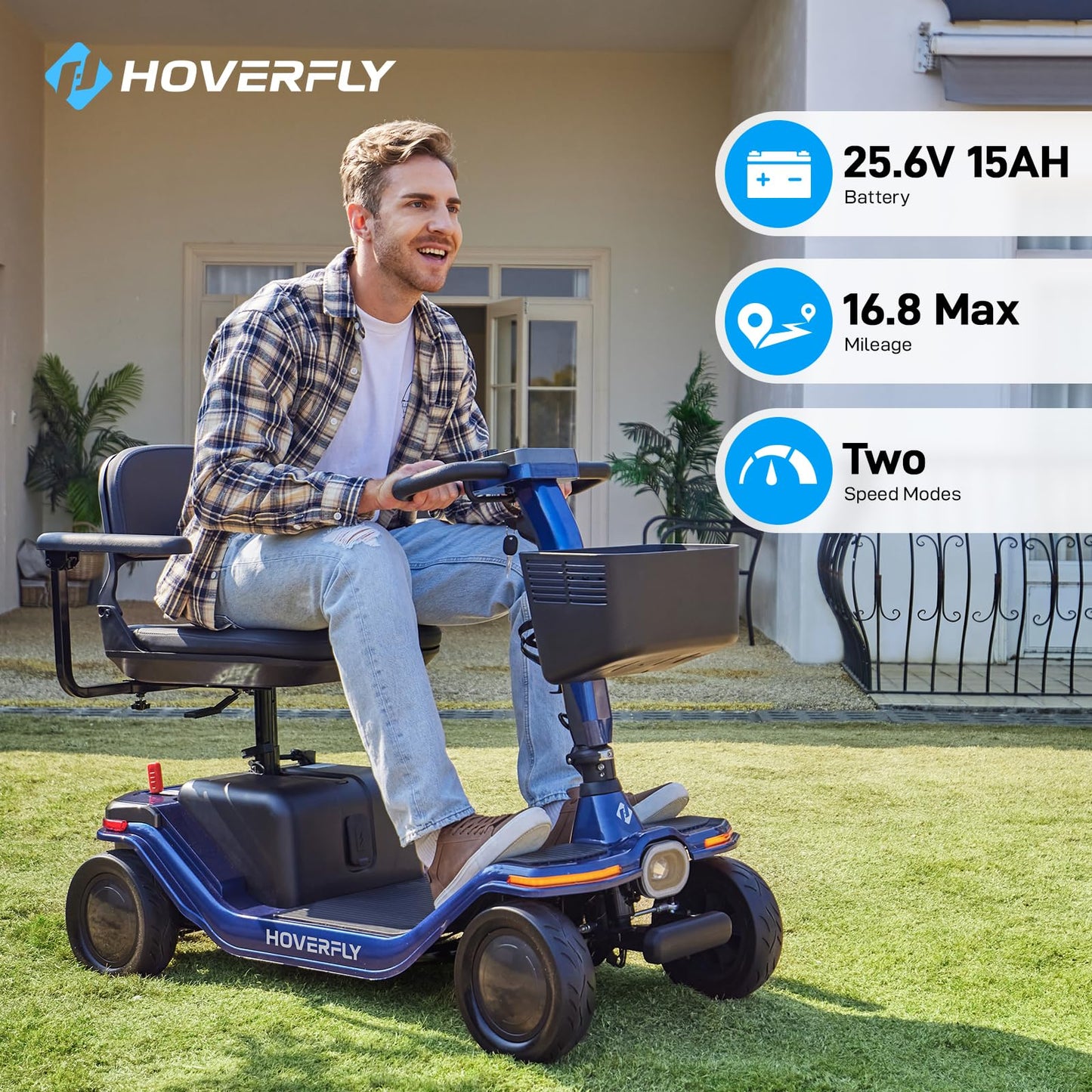 Hoverfly T5 Mobility Scooter for Seniors, Max 16.8-Mile Range & 5 mph, 3-Position Seat & Anti-slip Rear Wheel, Removed Battery & Quick Fold Design, Solid 9" Tire&330 lb Capacity, Ease of Assembly Blue