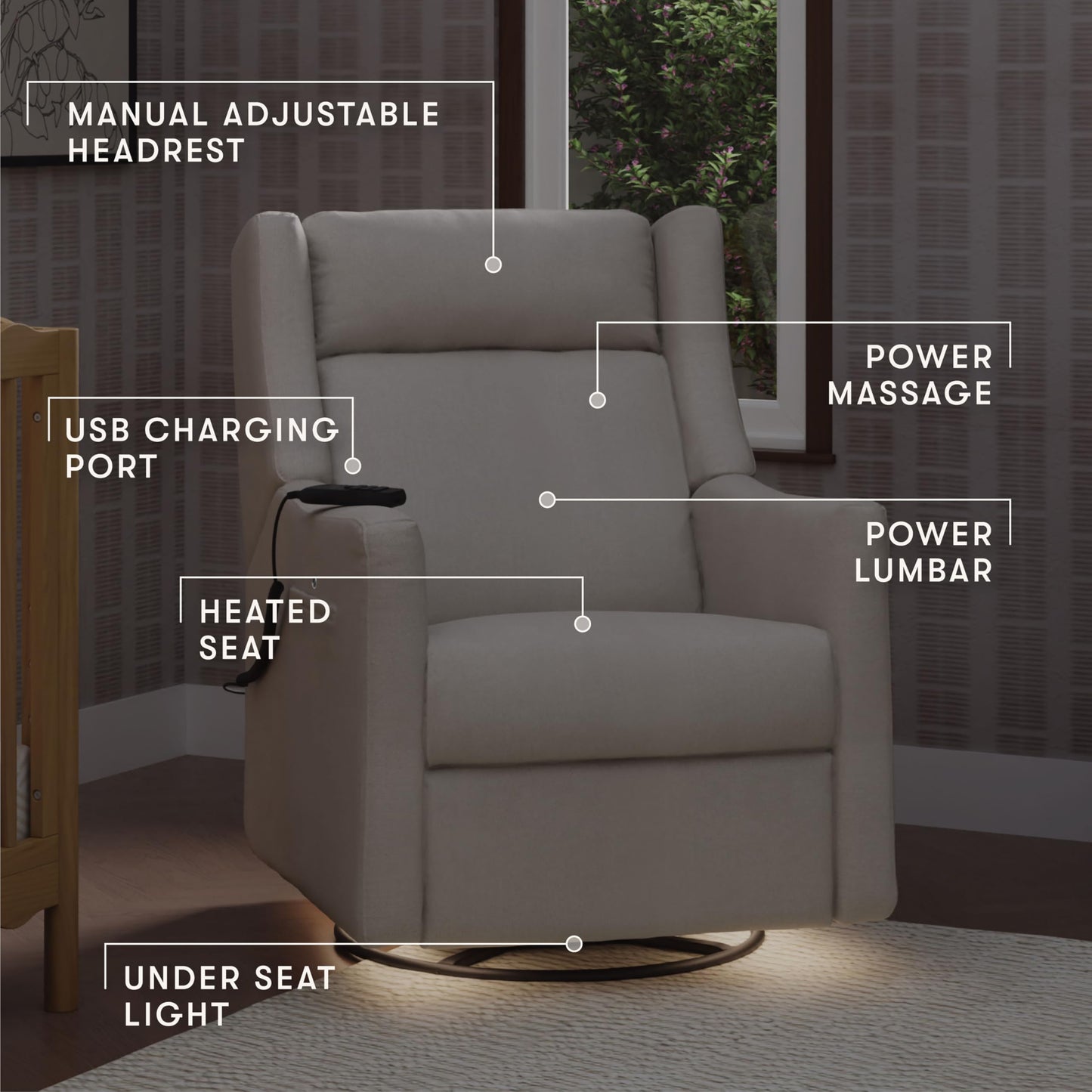 Babyletto Kiwi Deluxe Power Recliner and Swivel Glider with Heat and Massage in Performance Cream Eco-Weave, Water Repellent & Stain Resistant, Greenguard Gold, FSC and CertiPUR-US Certified