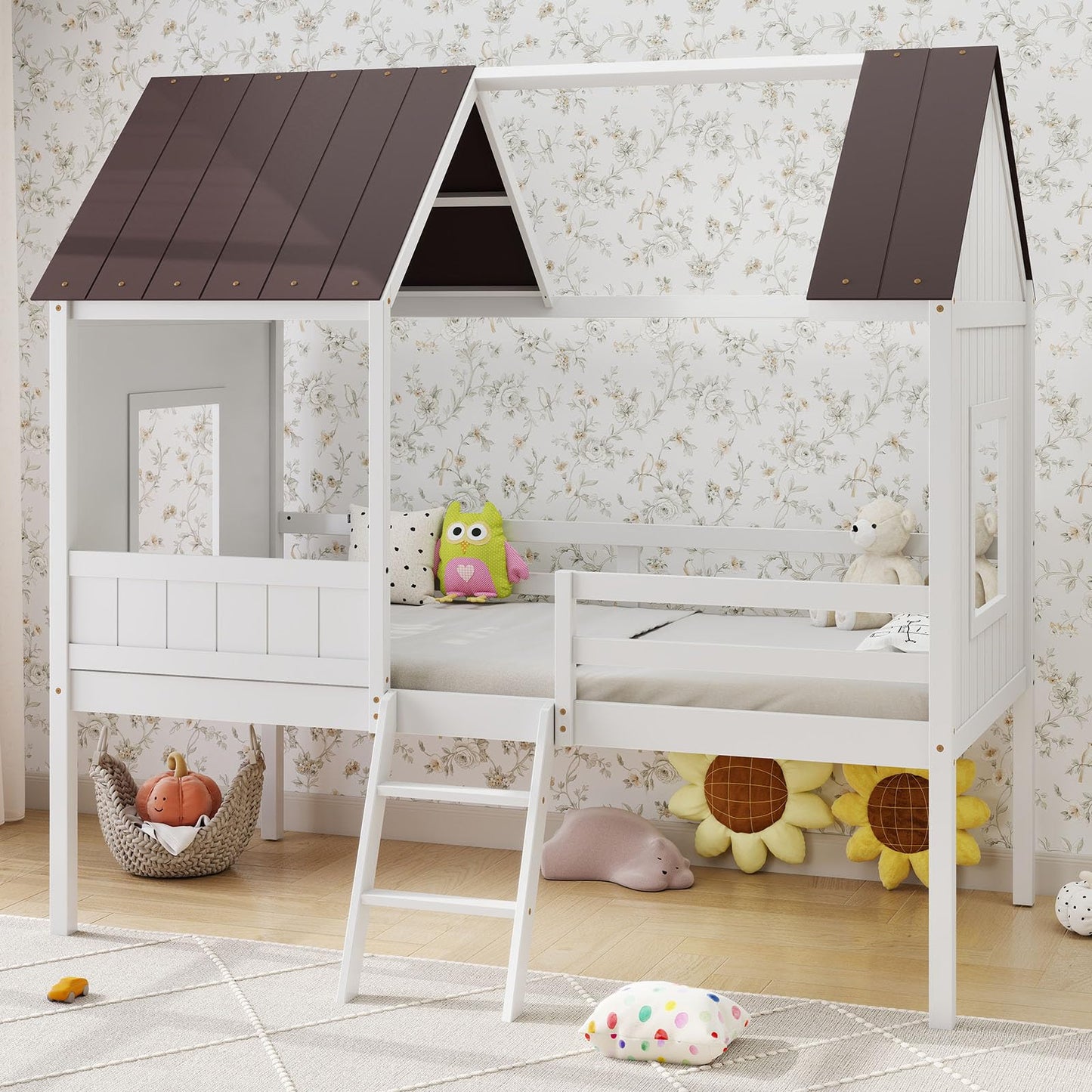 DUMOS Low Loft Beds Twin Size with Windows and Roof, Wooden House Bedframe with 2-Step Ladder and Safety Guardrail, Solid Wood Bed Frame with Under-Bed Storage for Kids Teens, Chocolate