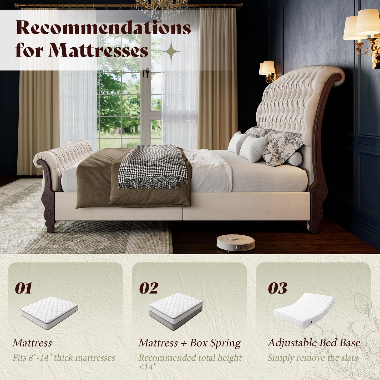 AMERLIFE Upholstered King Bed Frame, 53" Tall Sleigh Bed with Button Tufted Chenille Headboard and Footboard, Platform Bed with Carved Solid Wood Legs, No Box Spring Needed, Cream