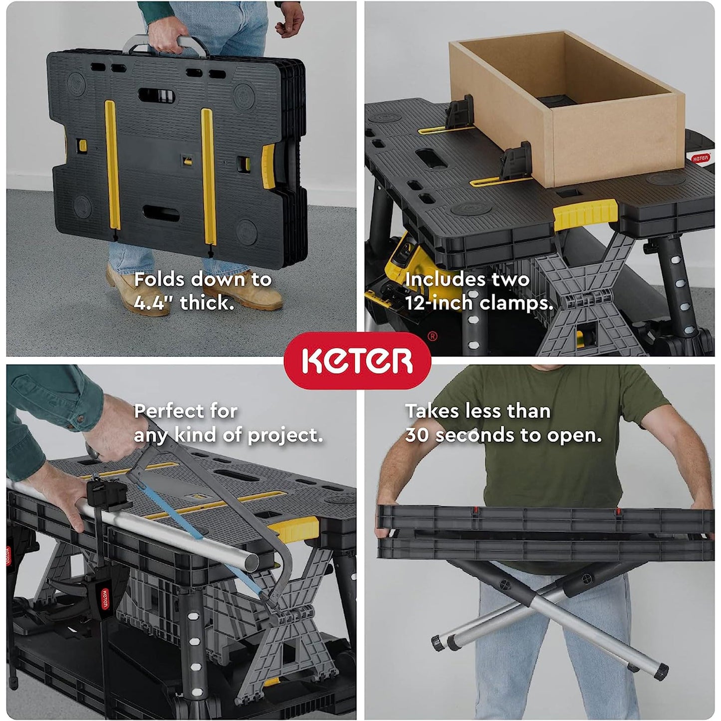 Keter Folding Portable Table Tool Stand Workbench with 2 12" Wood Clamps for Miter Saws, Home Improvement, and Construction, Black & Yellow (2 Pack)