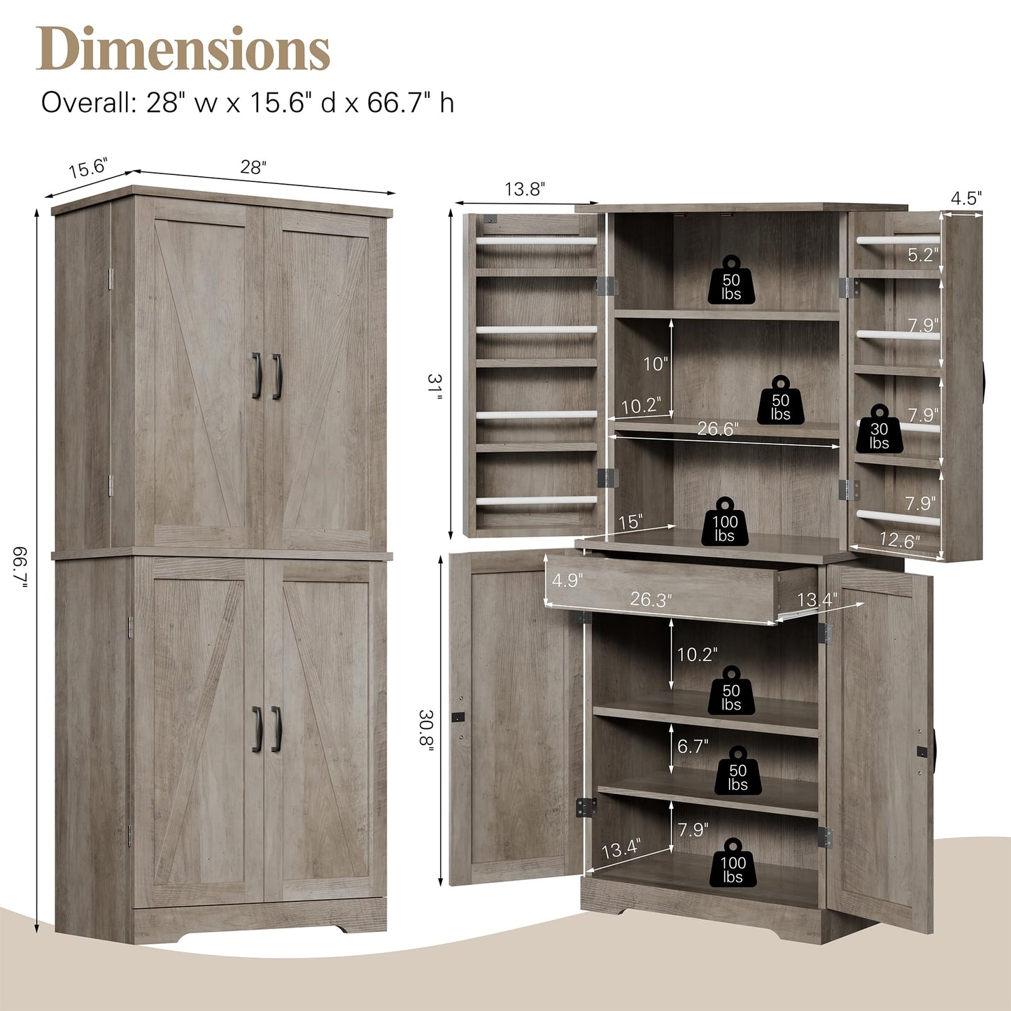 Vongrasig Kitchen Pantry Storage Cabinet with Barn Doors, Drawer and Adjustable Shelves, 6-Tier Tall Rustic Wood Cupboard Locker for Kitchen, Dining Room, Living Room, Bathroom, Rustic Grey