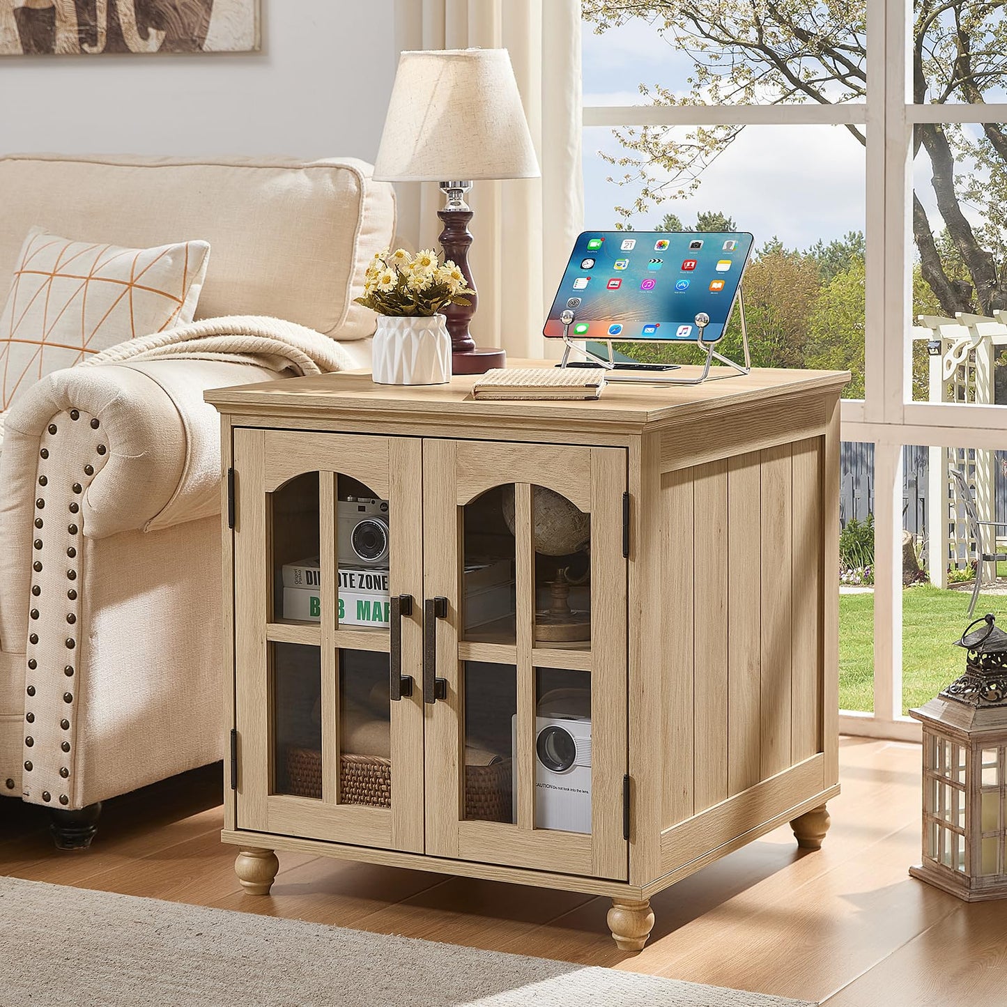 RWYHG Farmhouse 24" End Table Set of 2 with Charging Station, Large Sofa Side Table with Glass Barn Door,Wood Night Stand with Adjustable Storage Shelf,Square Bedside Table for Living Room,Bedroom